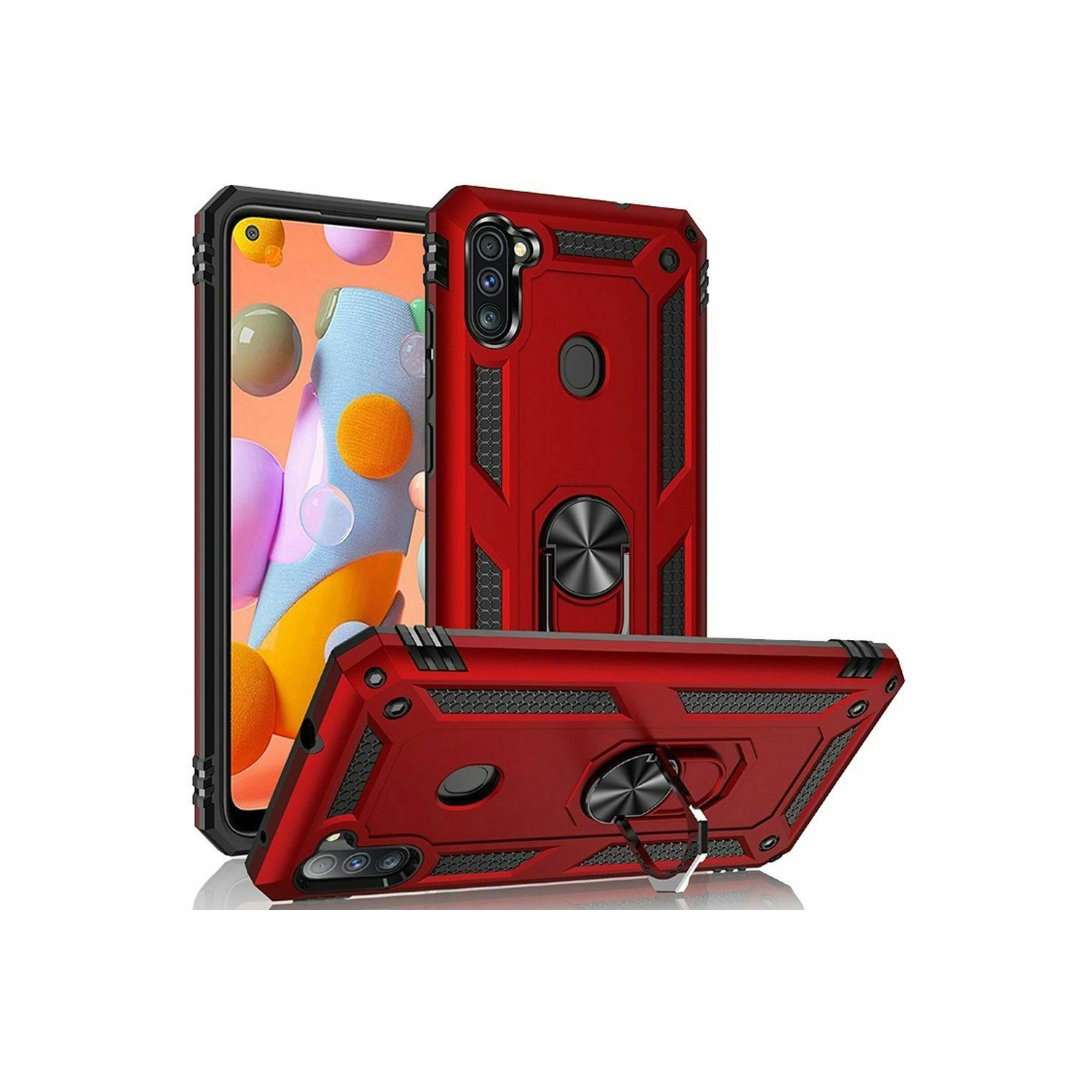 【CSmart】 Anti-Drop Hybrid Magnetic Hard Armor Case with Ring Holder for Samsung Galaxy A11, Red