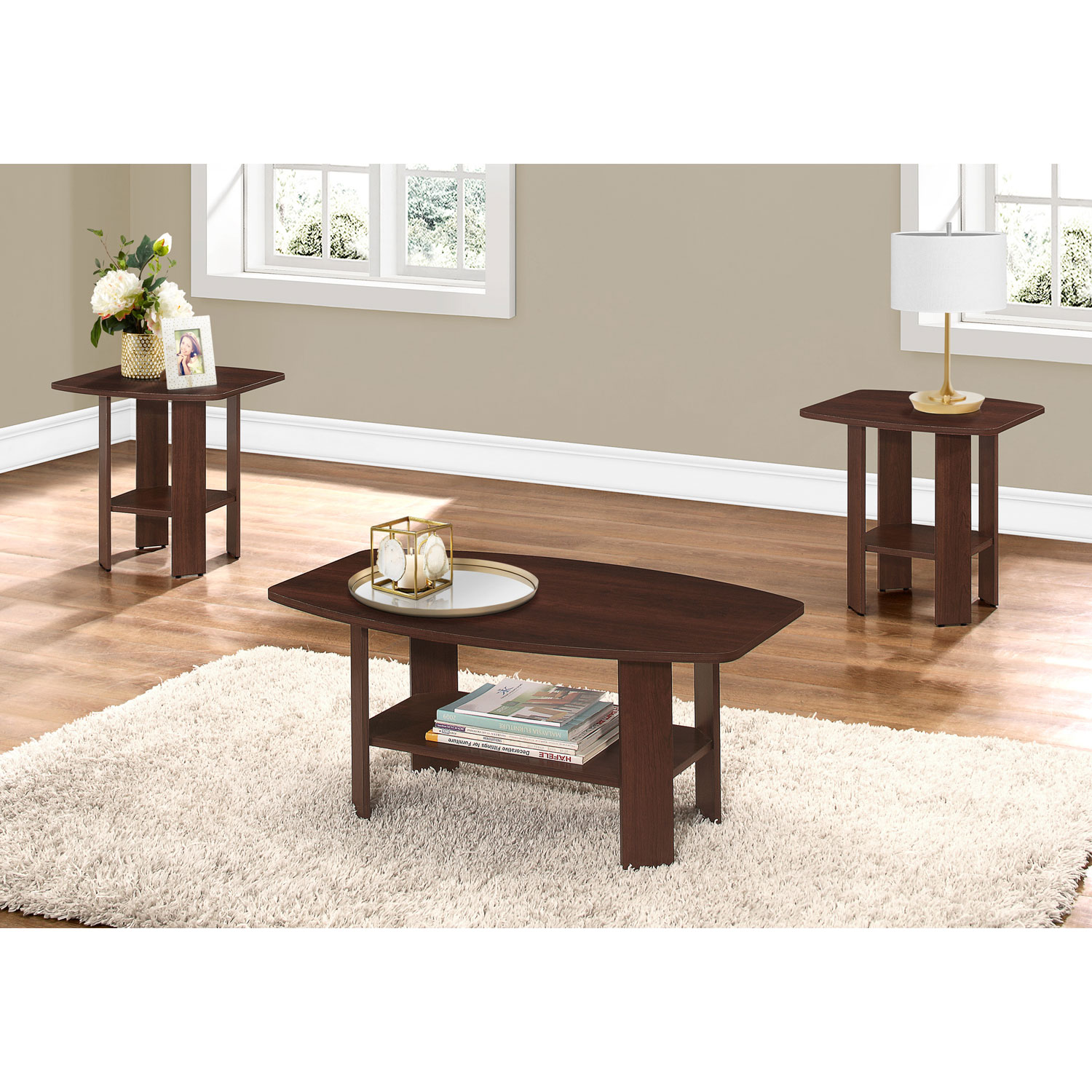 Ensemble 3 pièces contemporaines arrondies table basse rectangulaire/tables de bout Monarch-Cerisier