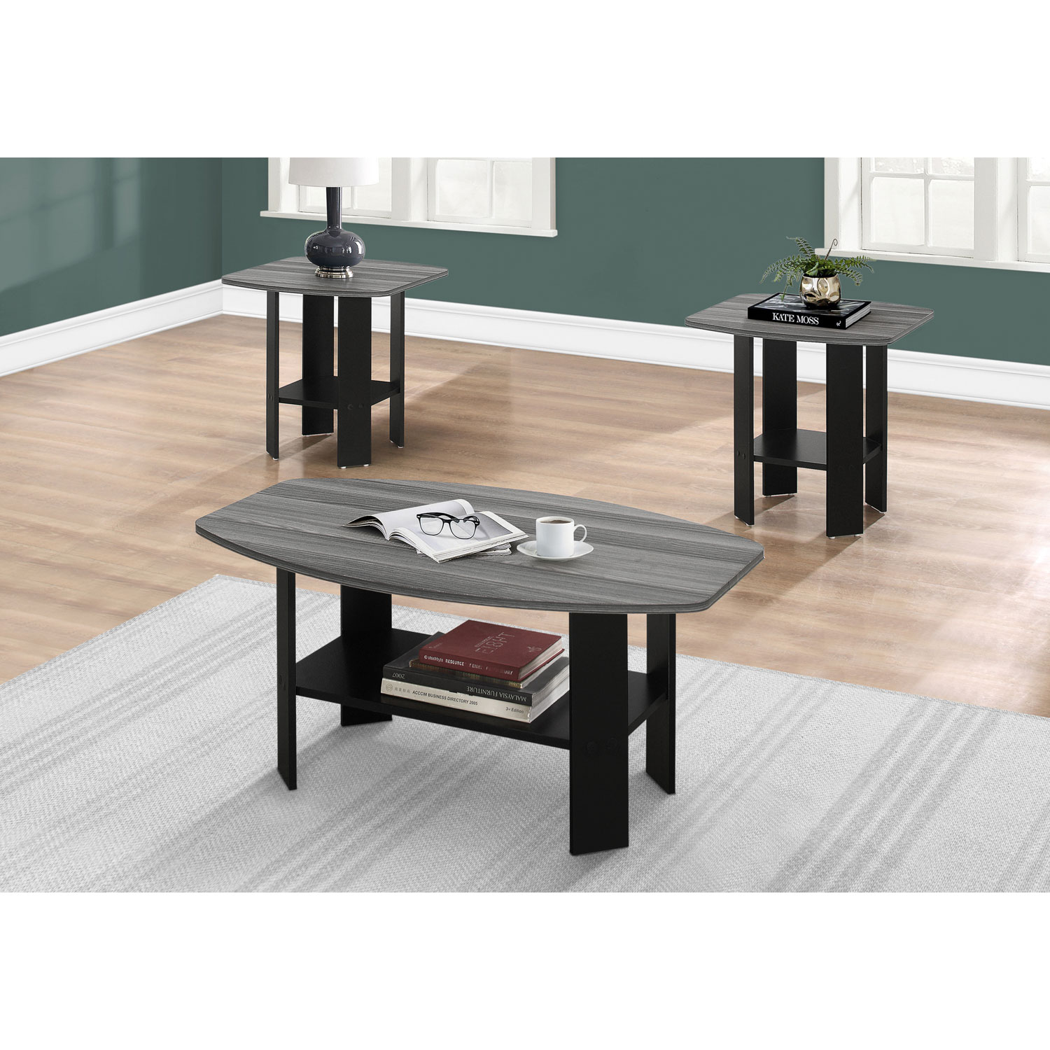 3 pièces contemporaines arrondies avec table basse/tables de bout tablettes Monarch-Marbre gris/Noir