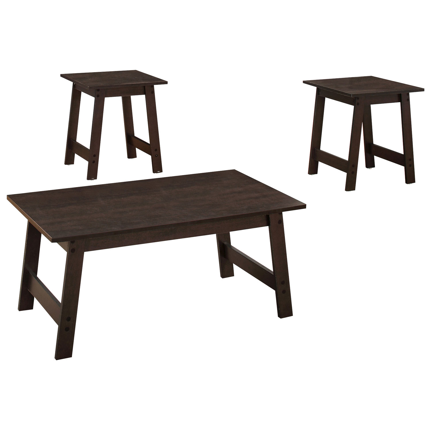 Monarch Angled-Leg Contemporary 3-Piece Coffee Table & End Tables Set - Cappuccino