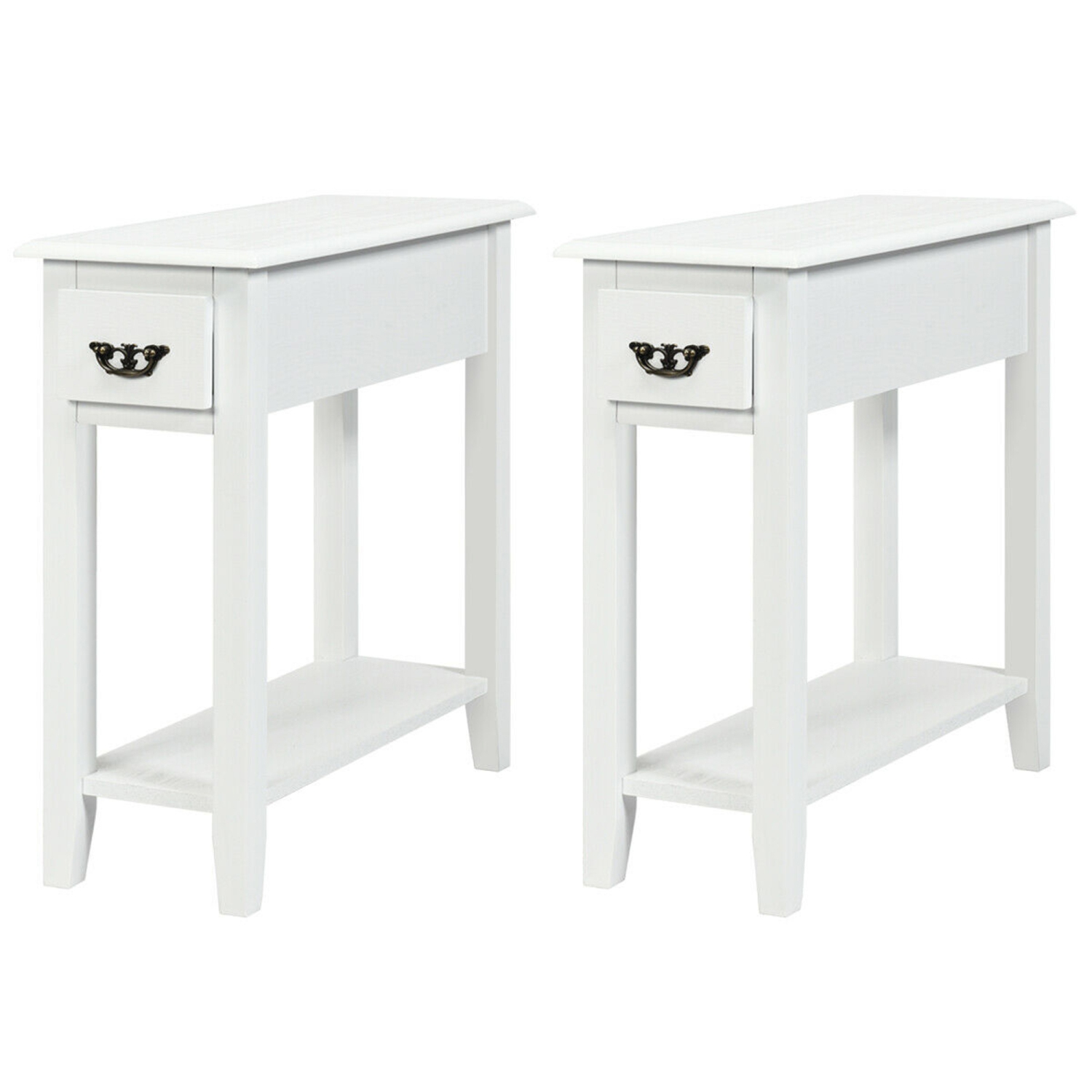 Gymax Set of 2 Nightstand 2 Tier End Bedside Sofa Side Table w/Drawer &Shelf White