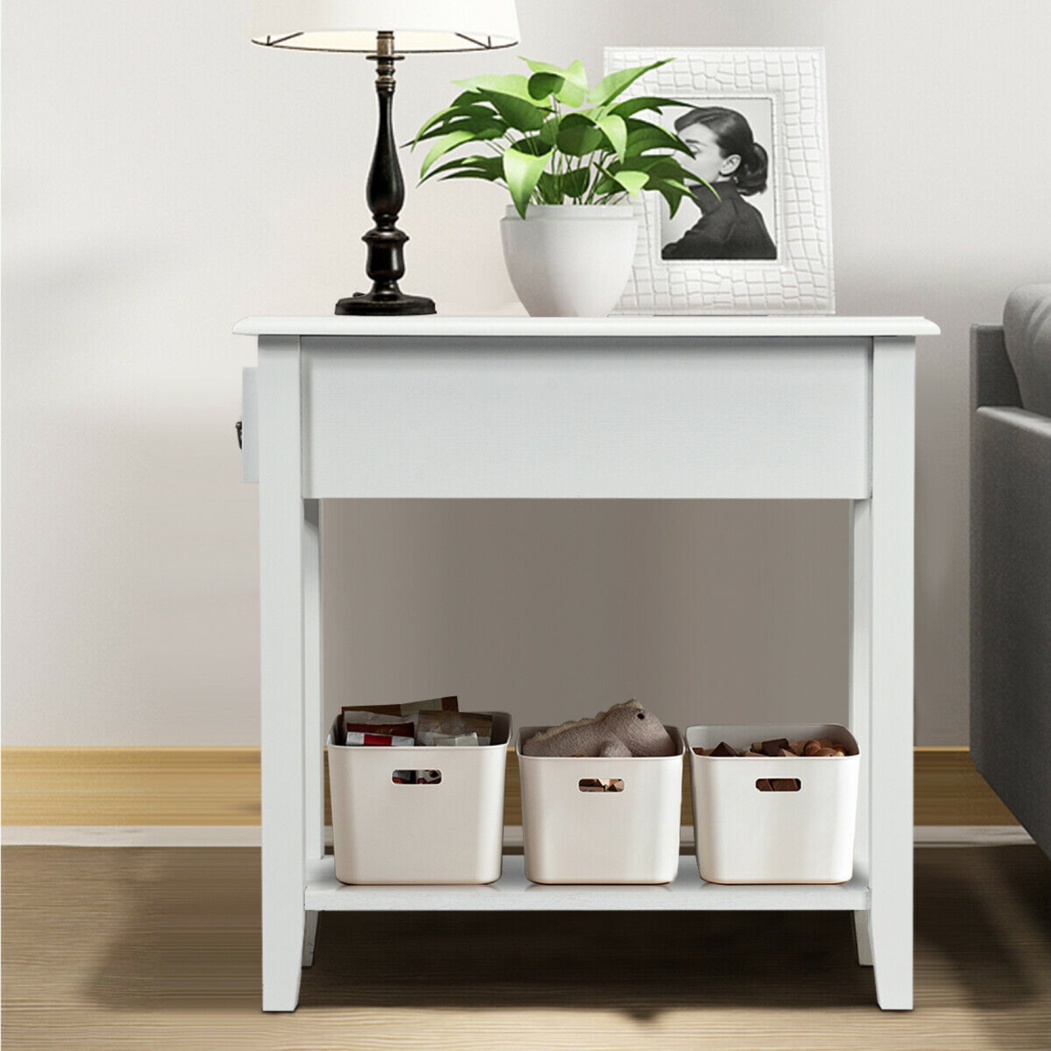 Gymax 2 Tier End Bedside Sofa Side Table Narrow Nightstand w/Drawer &Shelf White