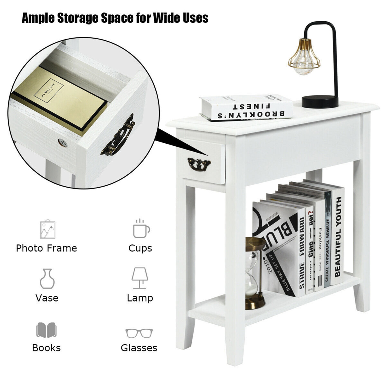 Gymax 2 Tier End Bedside Sofa Side Table Narrow Nightstand w/Drawer &Shelf White