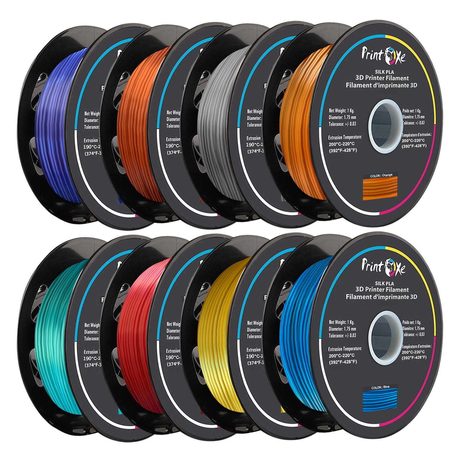 3D PLA like SILK Filament 8 Packs of Green Red Yellow Blue violet Copper Silver Orange Colours 1.75 mm Diameter Each Weight 1 Kg Net
