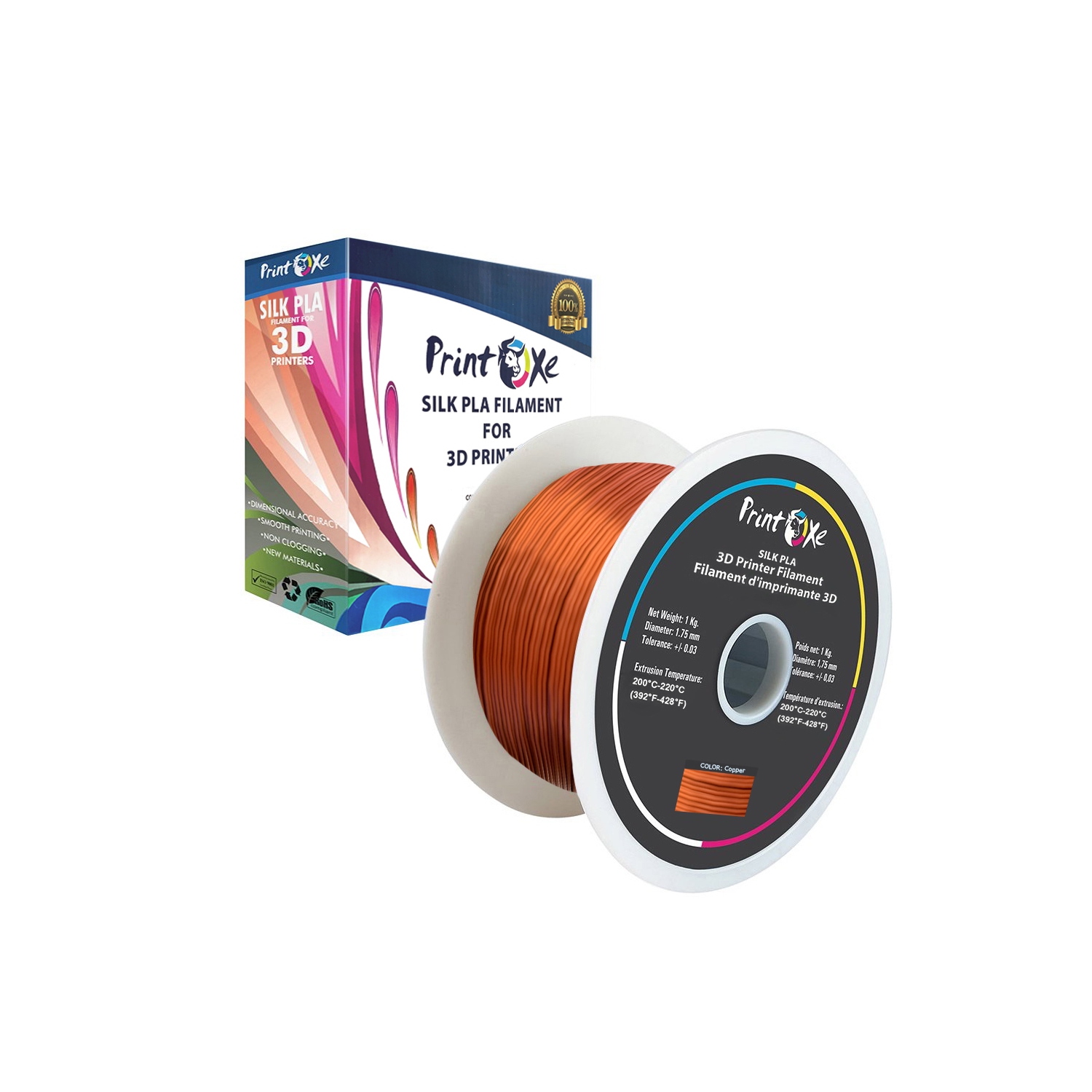 3D PLA like SILK Filament 8 Packs of Green Red Yellow Blue violet Copper Silver Orange Colours 1.75 mm Diameter Each Weight 1 Kg Net