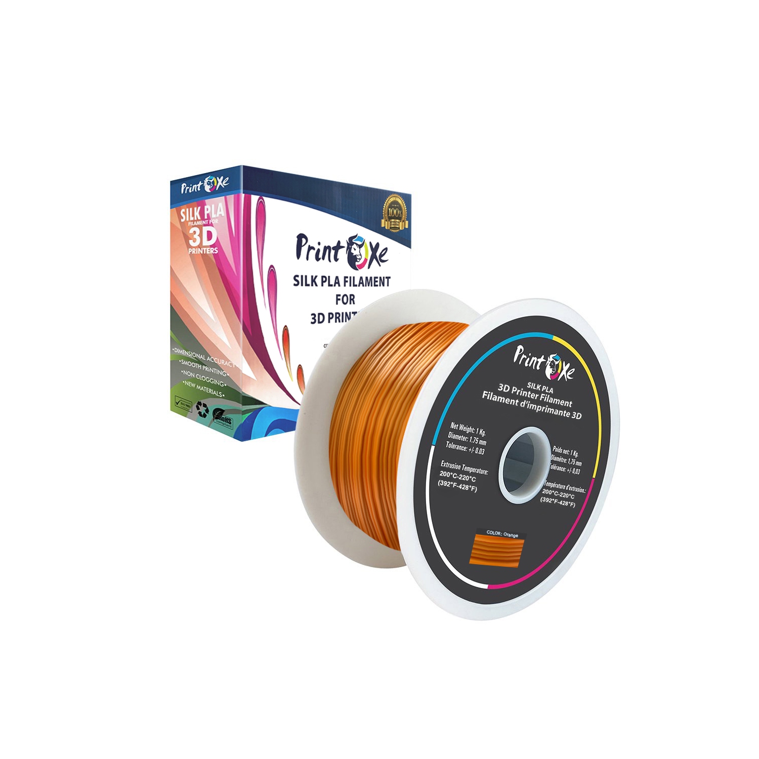 3D PLA like SILK Filament 8 Packs of Green Red Yellow Blue violet Copper Silver Orange Colours 1.75 mm Diameter Each Weight 1 Kg Net