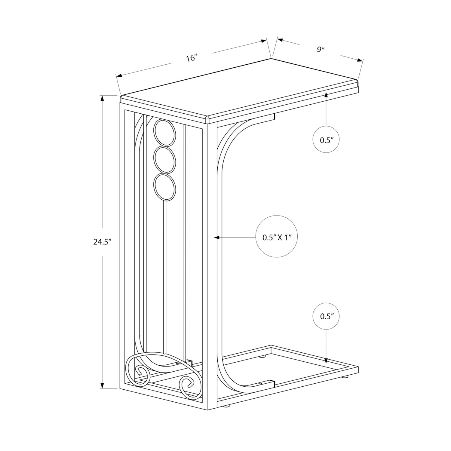 Table d'extrémité rectangulaire moderne en forme de C de Monarch - Noir