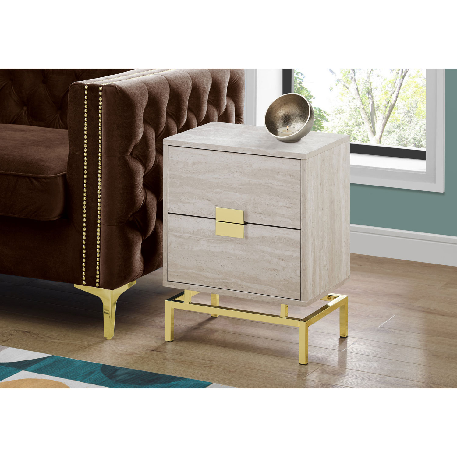 Monarch Modern Rectangular End Table with 2 Drawers - Beige/Gold