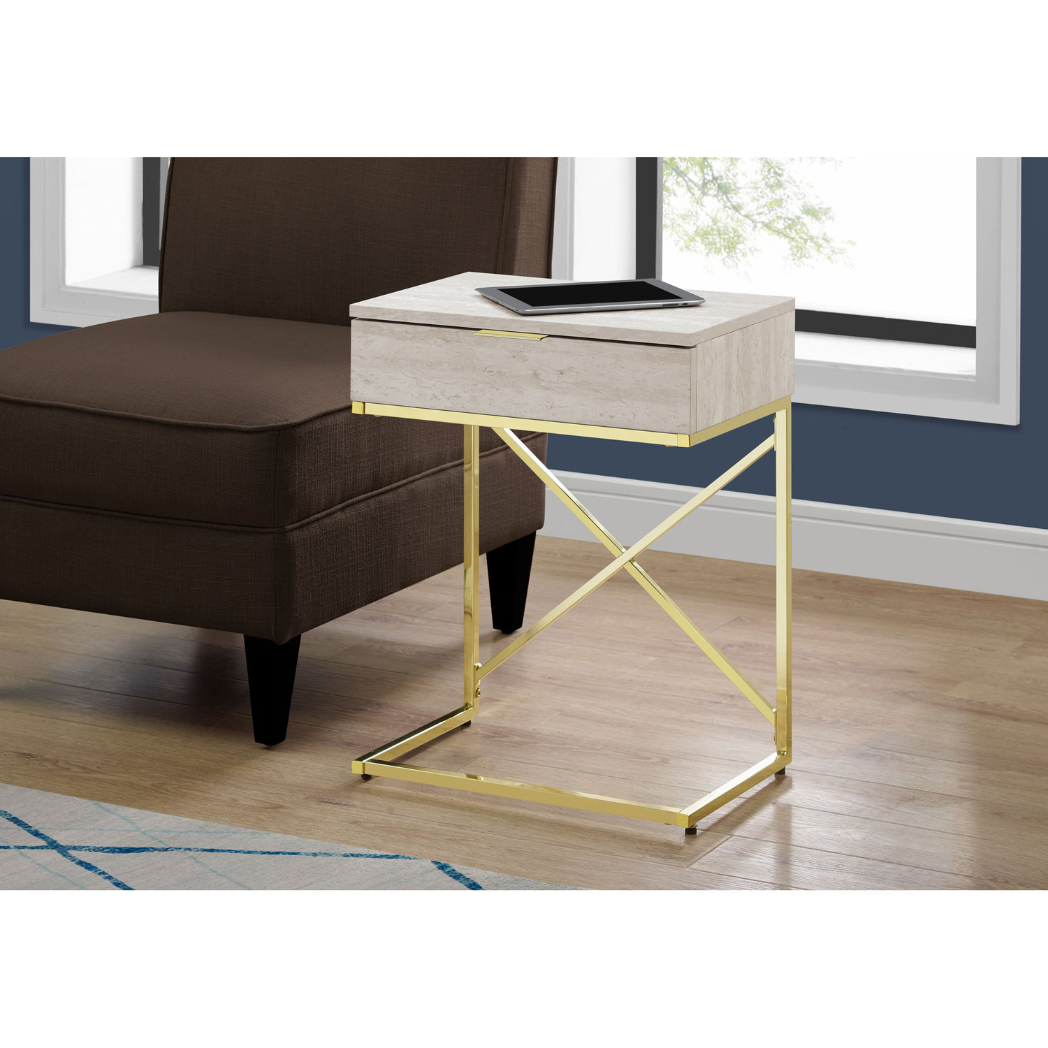 Monarch Modern Rectangular Accent End Table with Storage - Beige/Gold