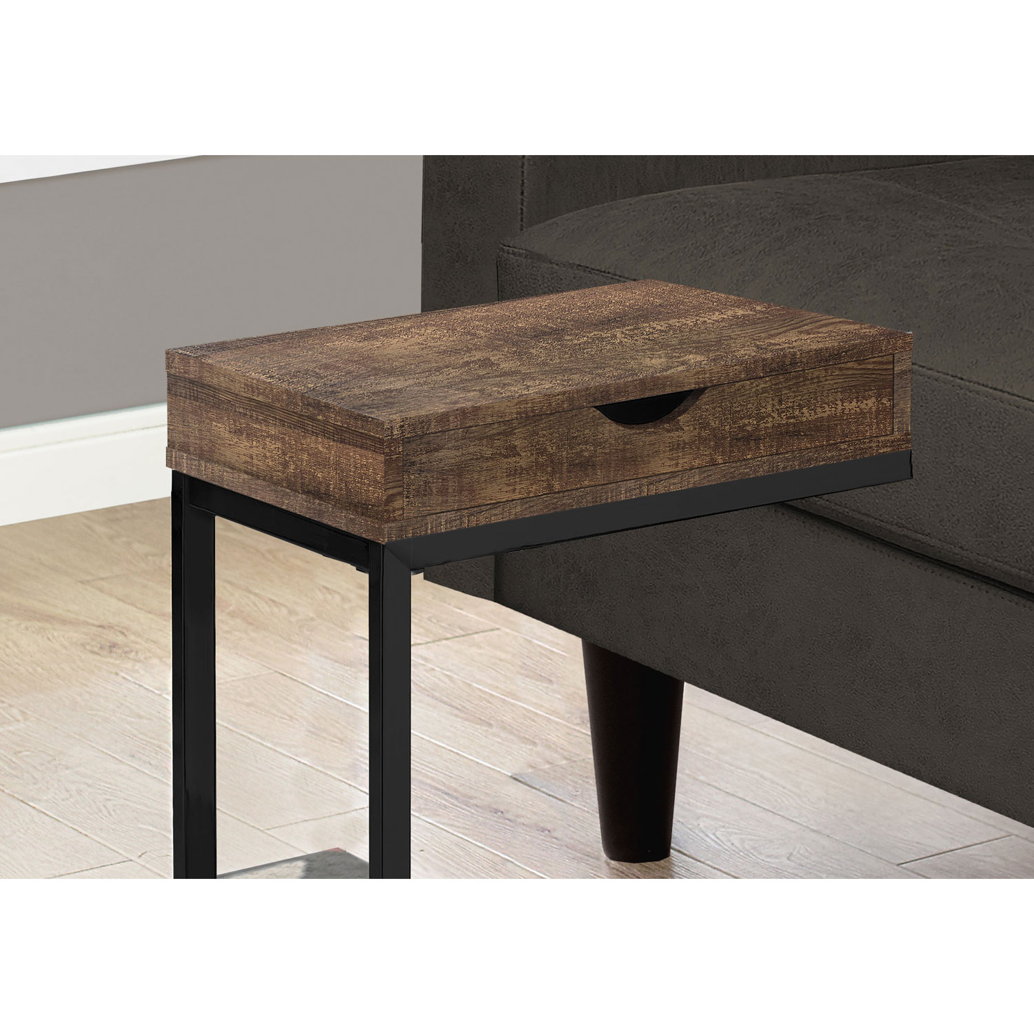 Monarch Modern Rectangular C-Shape End Table With Drawer - Brown/Black
