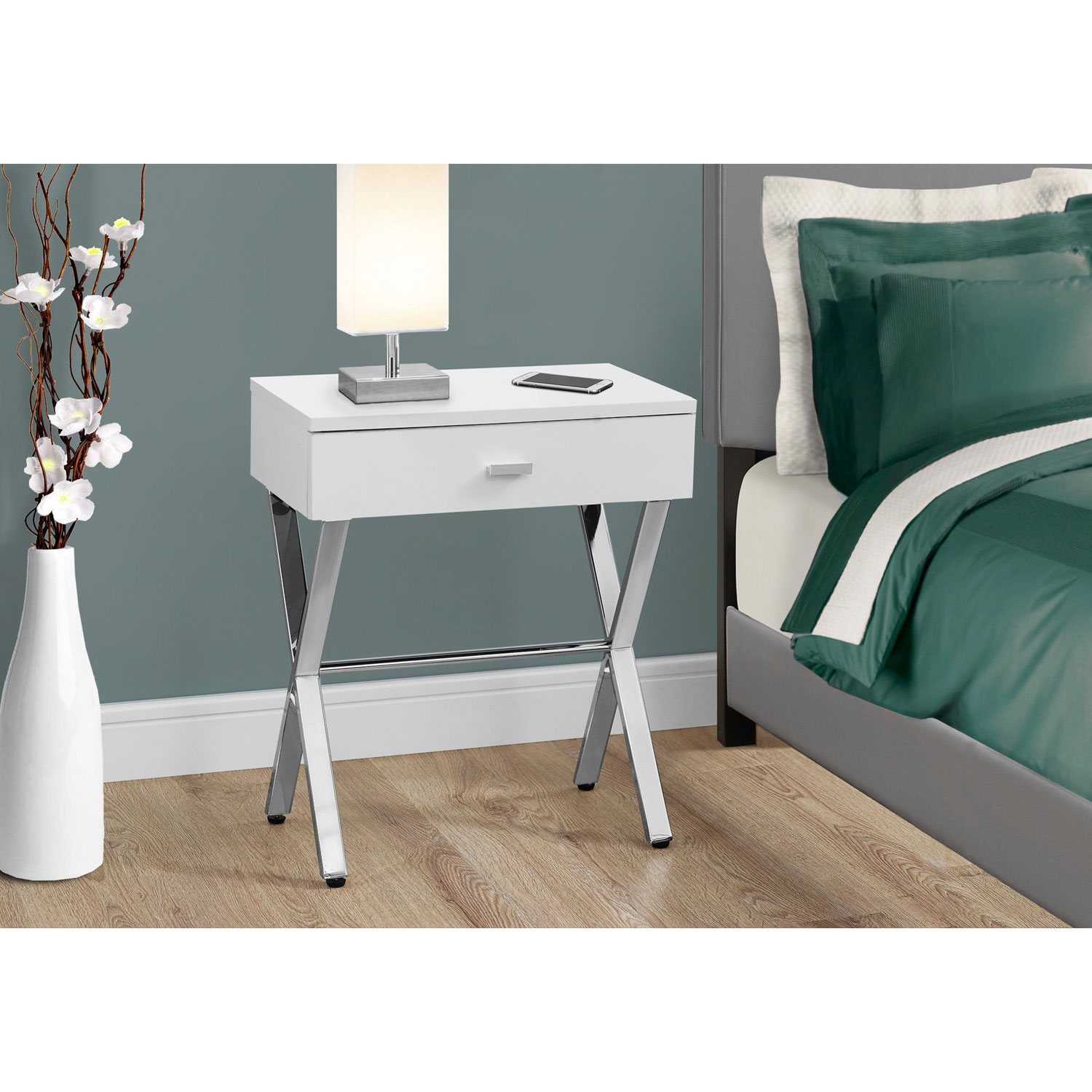 Monarch Modern Rectangular End Table With Storage - White/Chrome