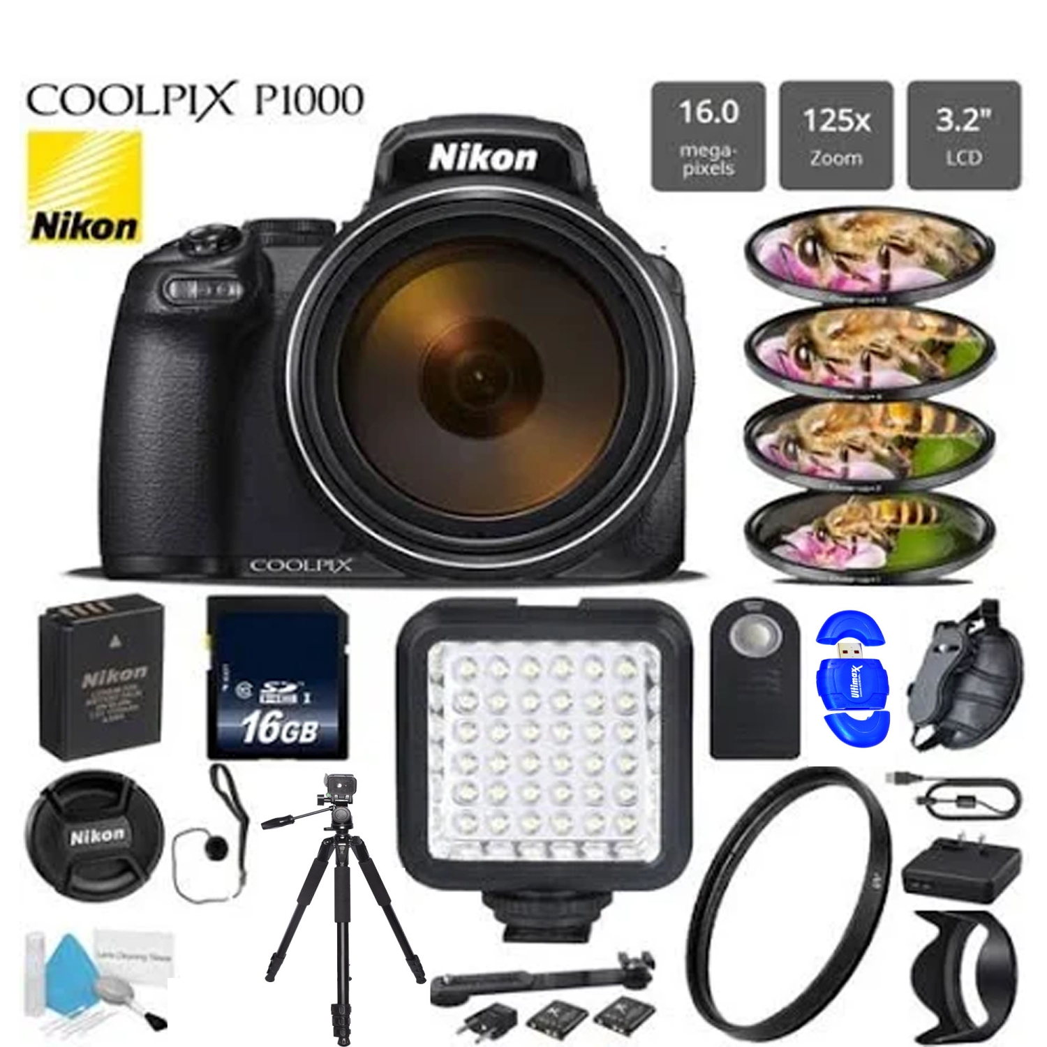Nikon Coolpix P1000 16MP 125x Super-Zoom Digital Camera w/16GB| LED Light & More - US Version w/ Seller Warranty