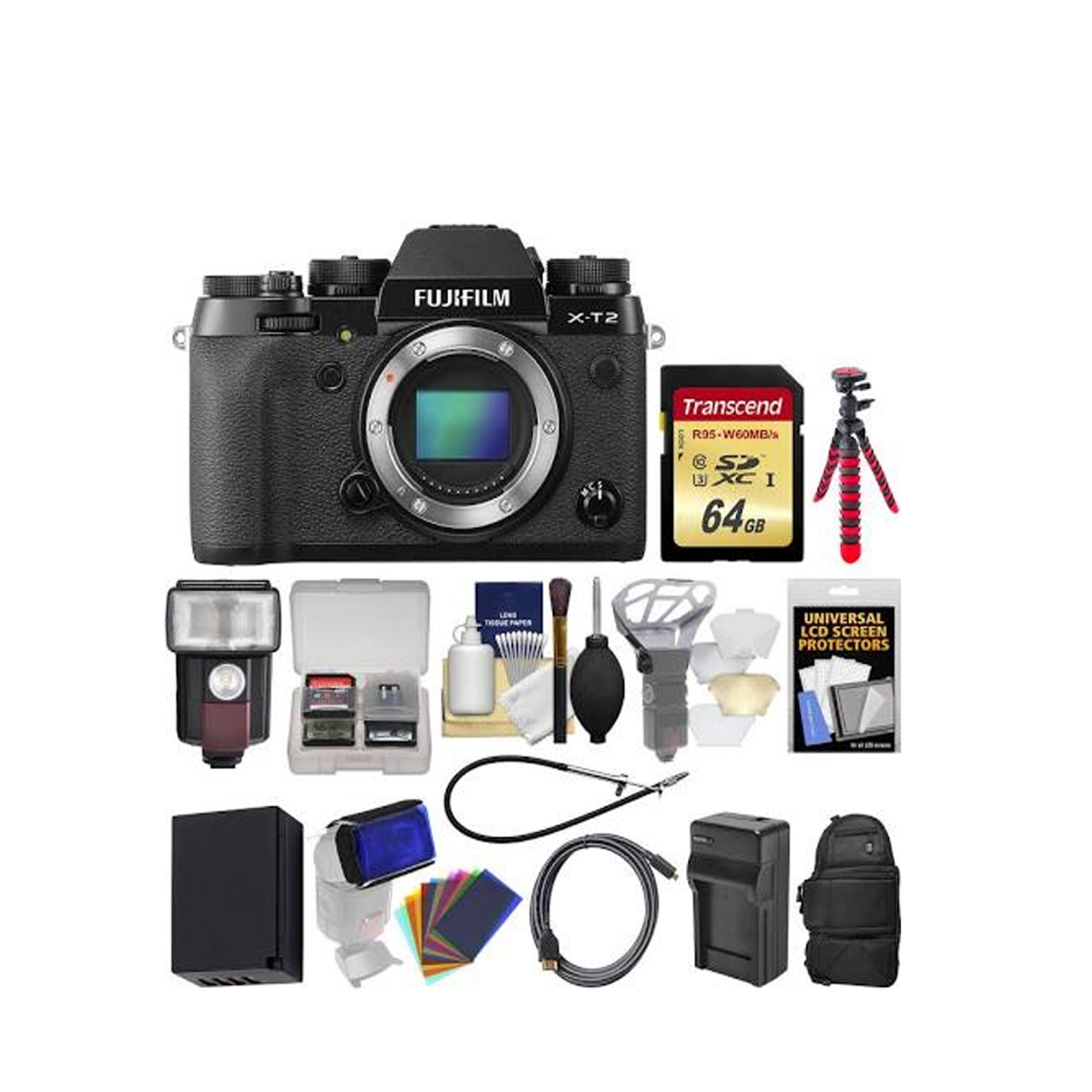 Fujifilm X-T2 4K Wi-Fi Digital Camera Body with 35mm f/2.0 XF R WR Lens + 64GB Card + Case + Flash + Battery & Charger + Tripo - US Version w/ Seller Warranty