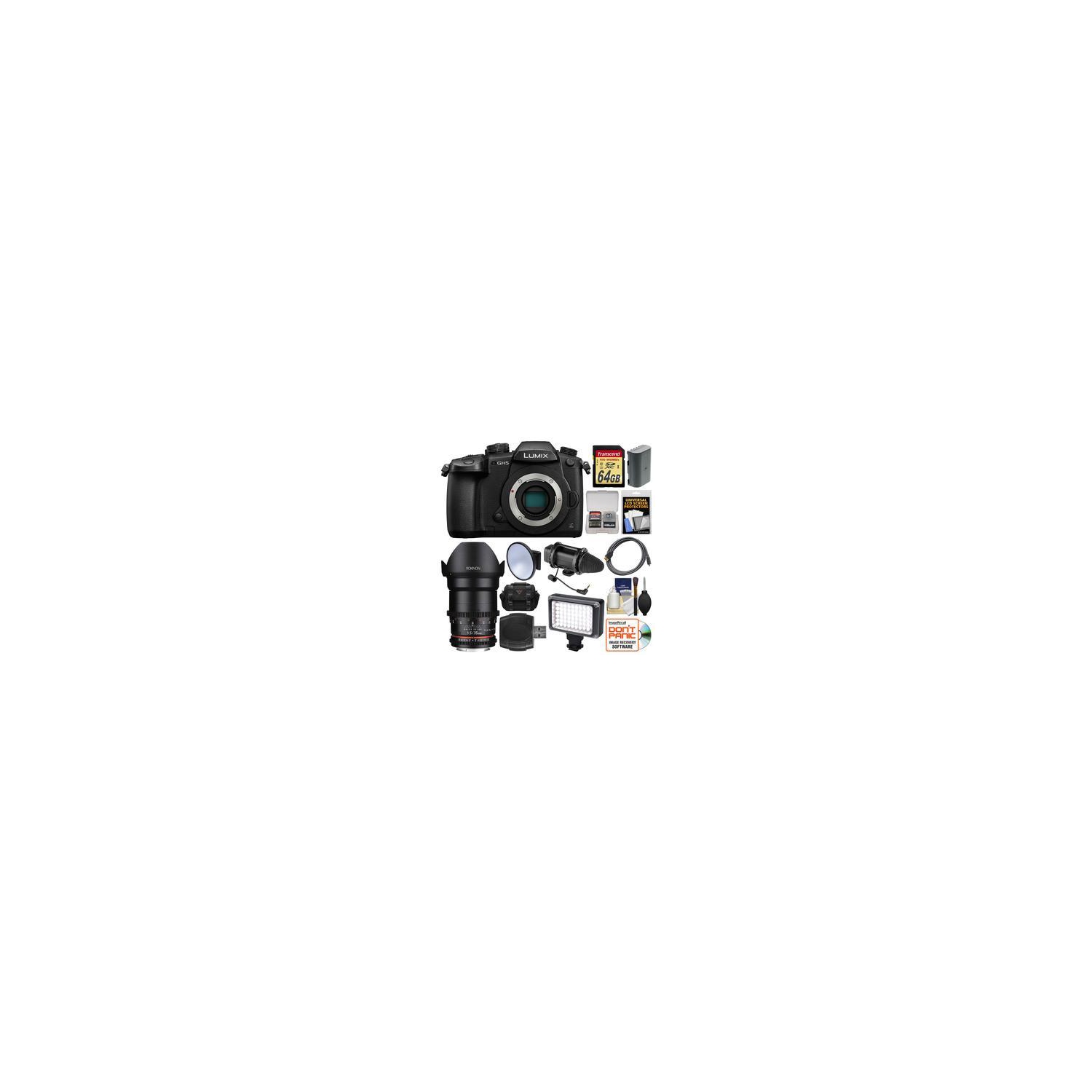 Panasonic Lumix DC-GH5 Wi-Fi 4K Digital Camera Body with 35mm T/1.5 Cine Lens + 64GB Card + Case + LED Light & Diffuser + Micr - US Version w/ Seller Warranty