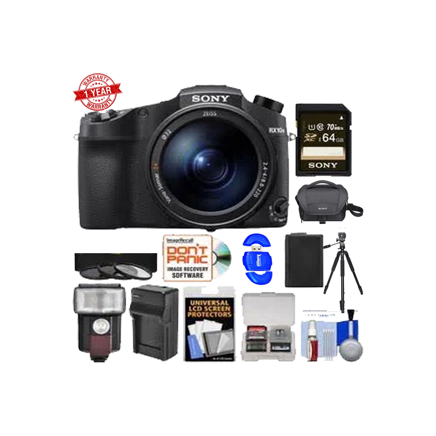 Sony Cyber-shot DSC-RX10 IV Digital Camera w/ Sony 64GB MC | Sony Bag | Flash | Tripod & More Mega Accessory Bundle - US Version w/ Seller Warranty