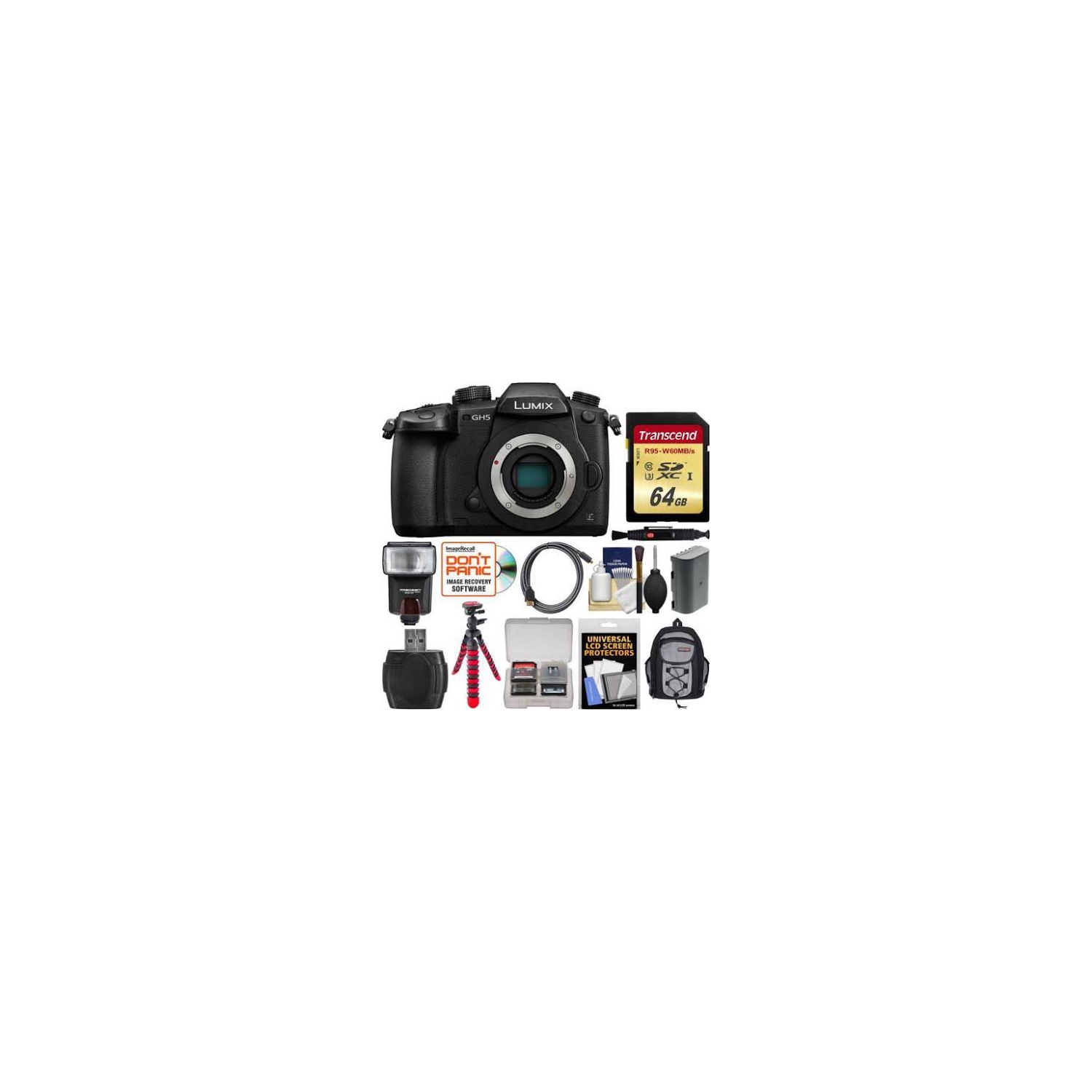 Panasonic Lumix DC-GH5 Wi-Fi 4K Digital Camera Body with 64GB Card + Backpack + Flash + Battery + Flex Tripod + Kit - US Version w/ Seller Warranty
