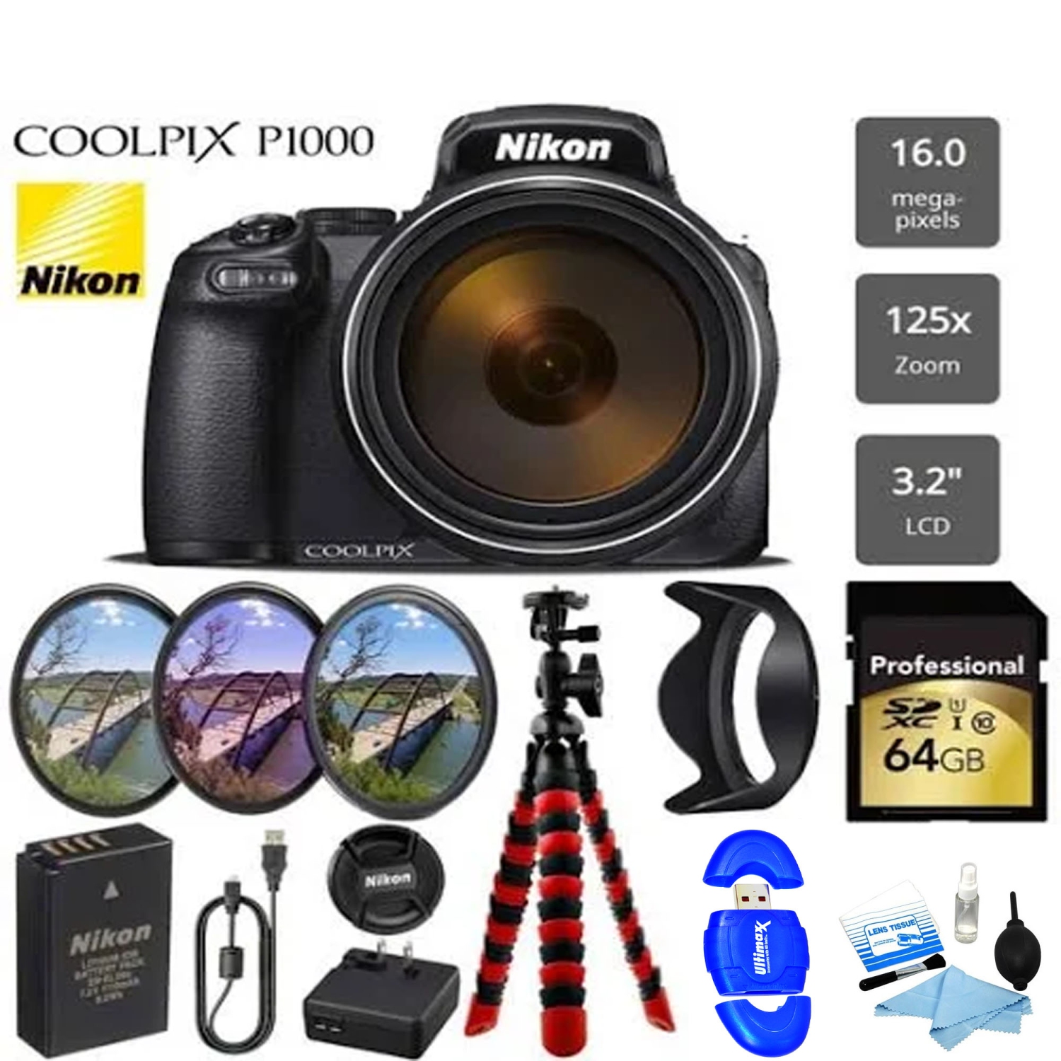 Nikon Coolpix P1000 16MP 125x Super-Zoom Digital Camera + 64GB | Filters | Flexible Tripod & More Bundle - US Version w/ Seller Warranty