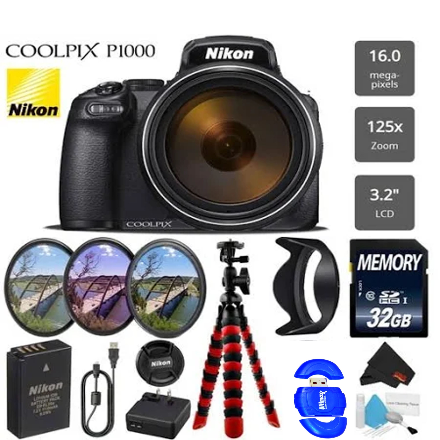 Nikon Coolpix P1000 16MP 125x Super-Zoom Digital Camera + 32GB | Filters | Flexible Tripod & More Bundle - US Version w/ Seller Warranty