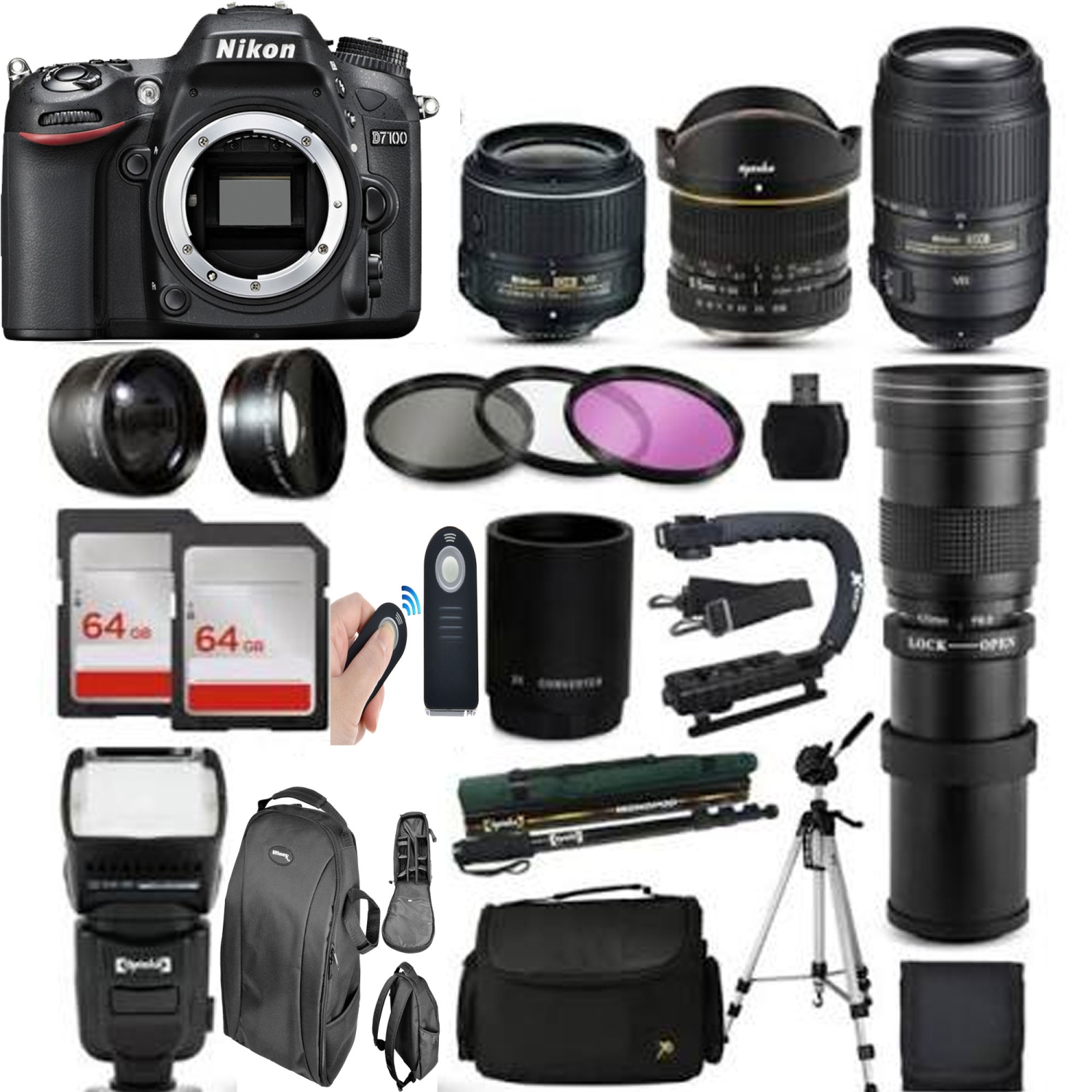 Nikon D7100 DSLR Digital Camera W/ 18-55mm VR | 6.5mm Fisheye | 55-300mm VR | 500mm Preset Lens | 128GB Deluxe Kit - US Version w/ Seller Warranty