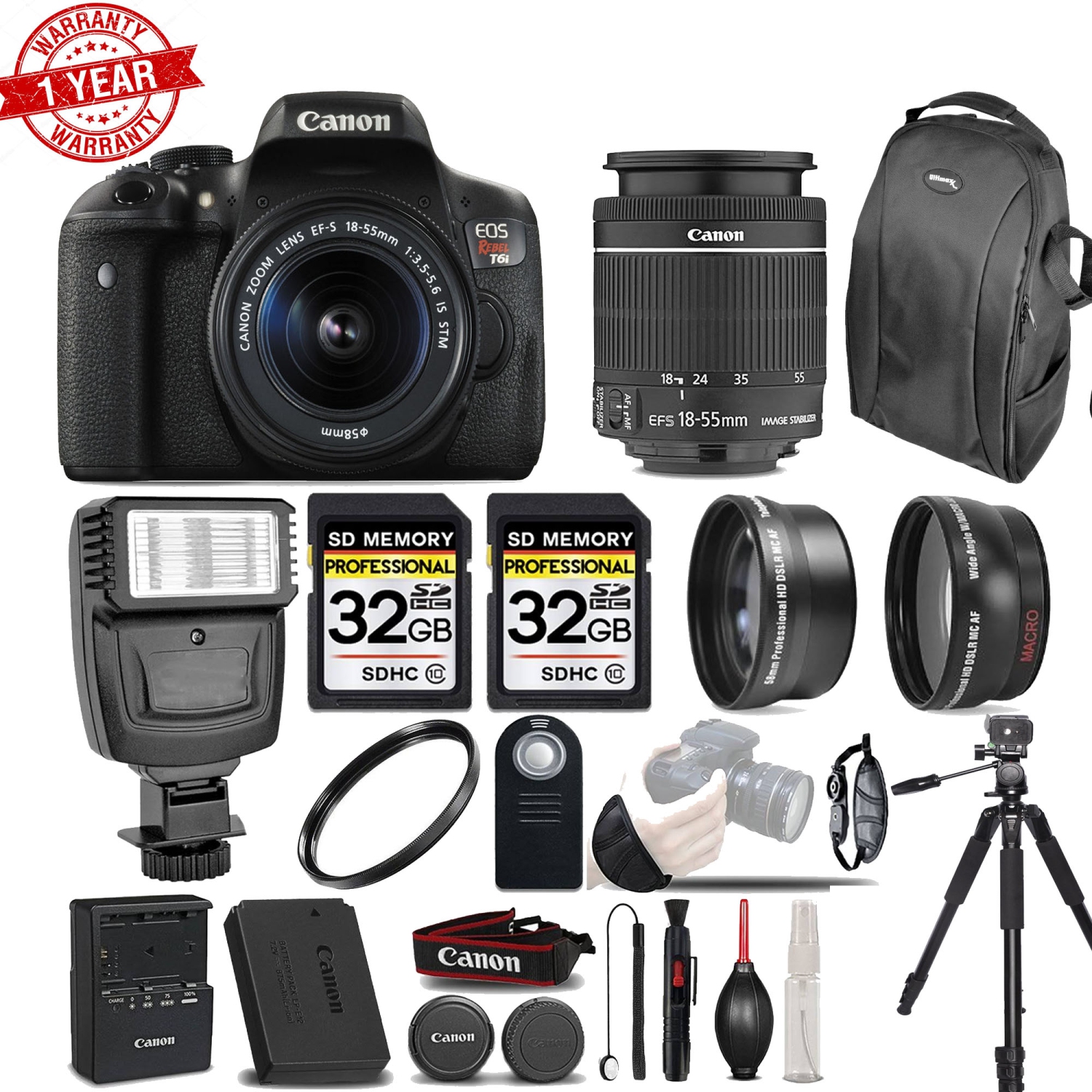 Canon EOS Rebel T6i/T7i / 750D Digital SLR Camera - 3 Lenses Kit | 64GB MC | FLASH | Backpack and More - US Version w/ Seller Warranty