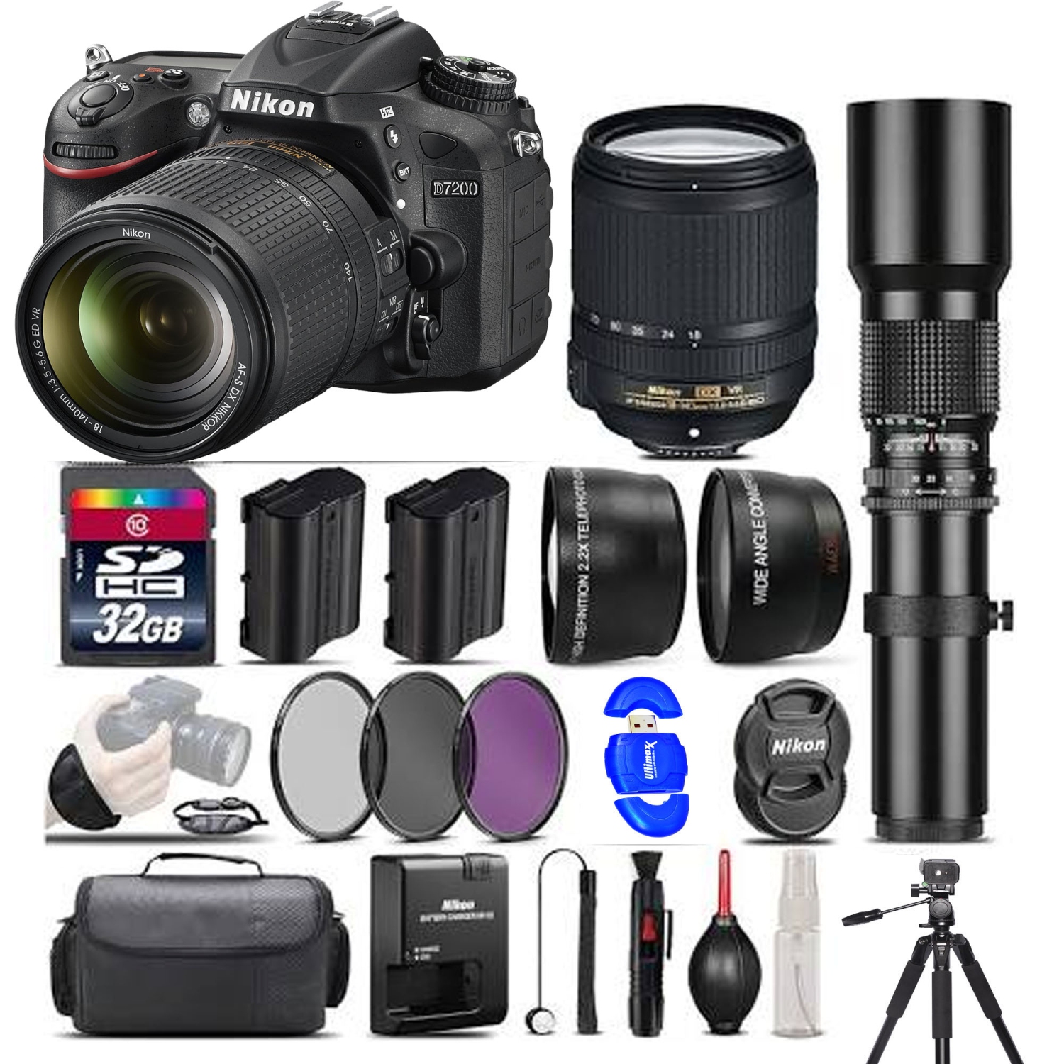 Nikon D7200 DSLR Camera + Nikon 18-140mm VR Lens + 500mm Telephoto - 32GB Kit - US Version w/ Seller Warranty