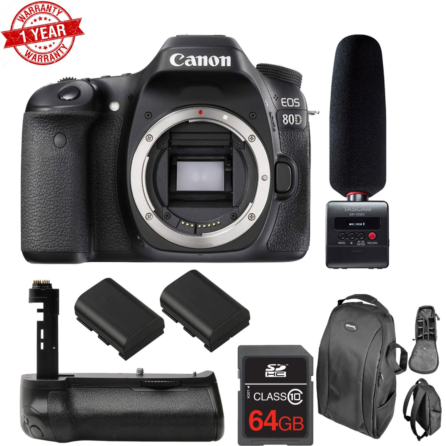 Canon EOS 80D 24.2 MP CMOS Digital SLR Camera + Tascam DR-10SG Audio Recorder & Microphone Kit - US Version w/ Seller Warranty