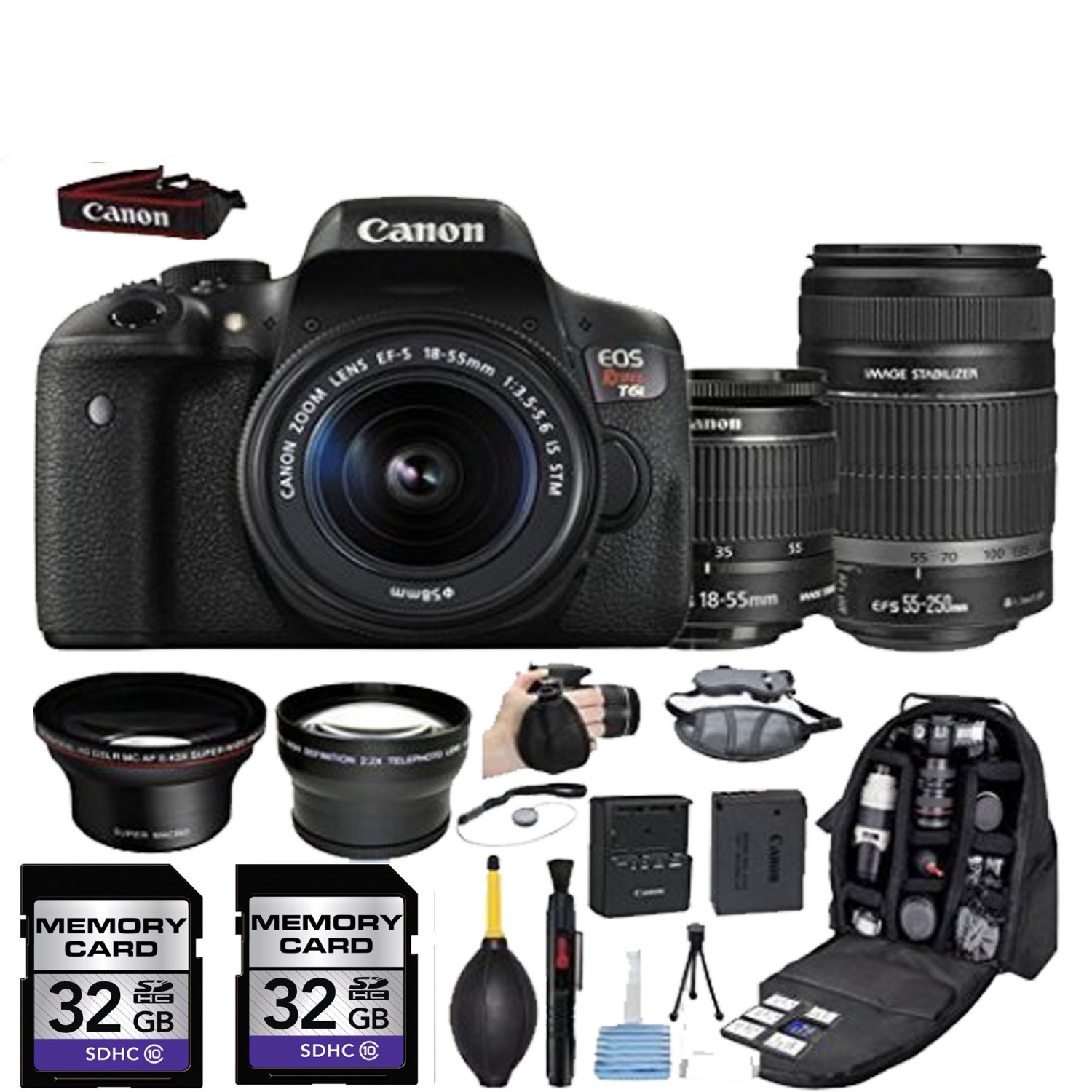 Canon EOS Rebel T6i/T7i DSLR Camera with 18-55mm IS STM & 55-250mm IS STM Lenses Deluxe Bundle - US Version w/ Seller Warranty