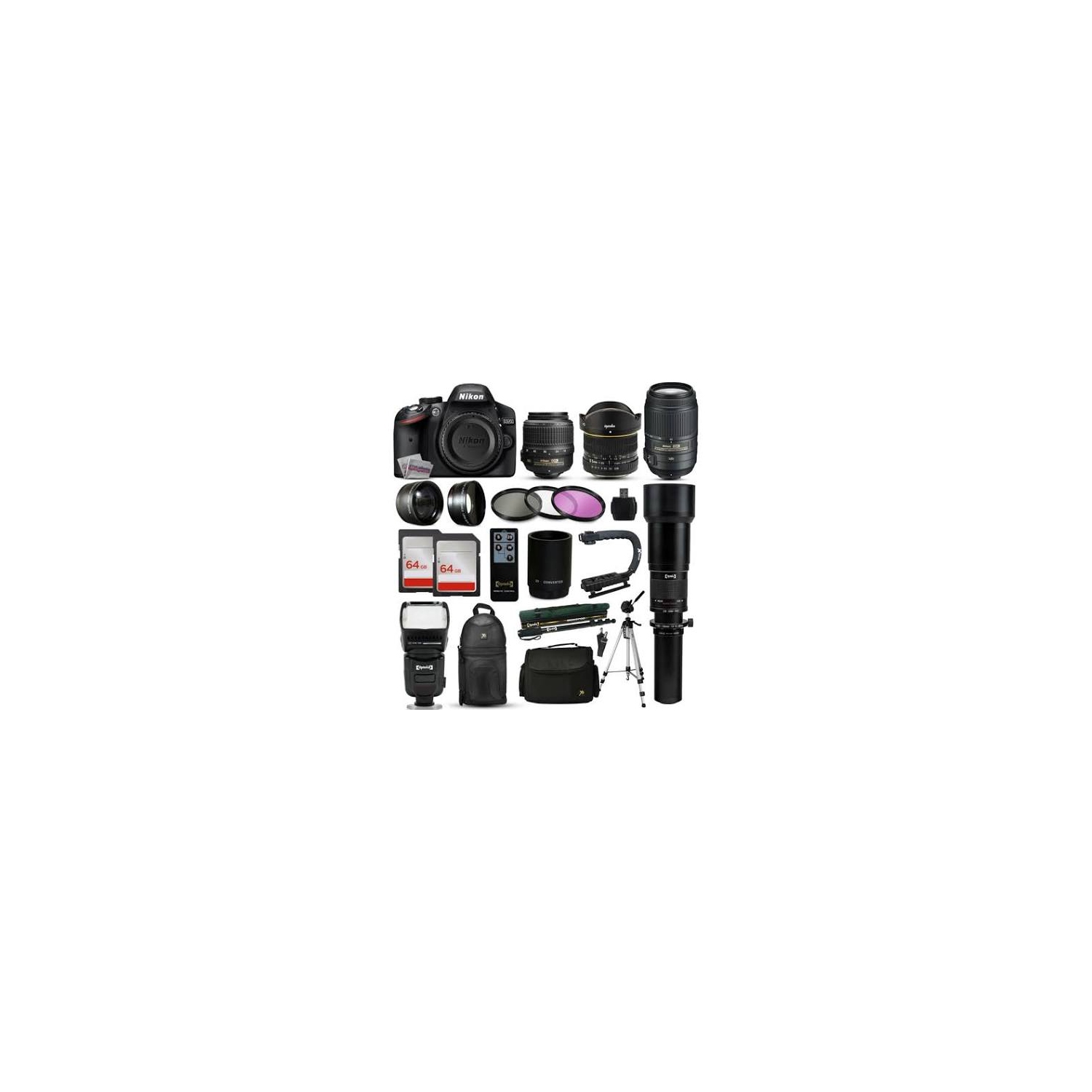 Nikon D3200 DSLR Digital Camera + 18-55mm VR + 6.5mm Fisheye + 55-300mm VR + 650-2600mm Deluxe Kit - US Version w/ Seller Warranty