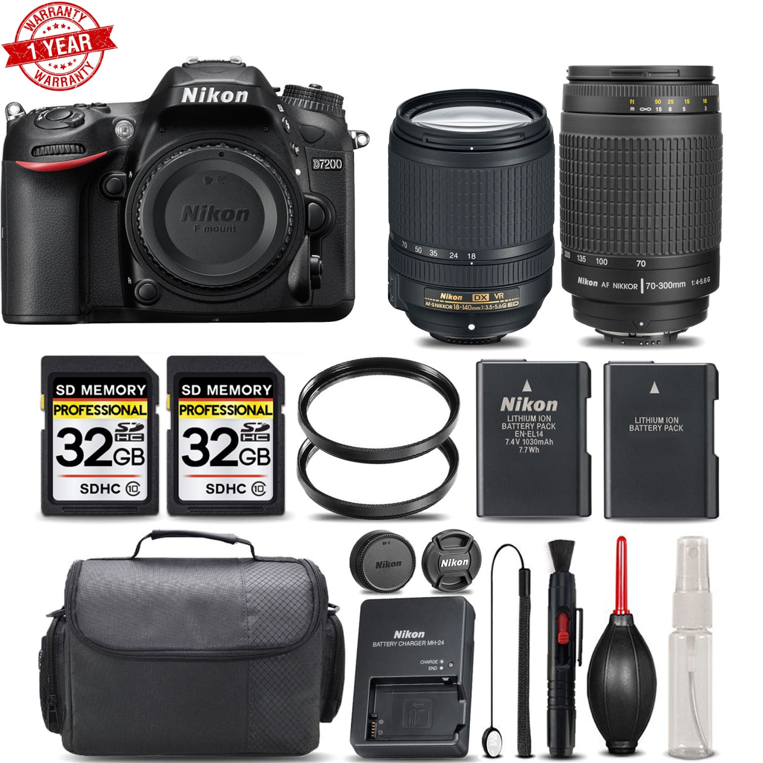 Nikon D7200 DSLR Built-In Wi-Fi Connectivity with NFC Camera + Nikon 18-140mm VR Lens + 64GB + UV Filter + EXT Battery + Case - US Version w/ Seller