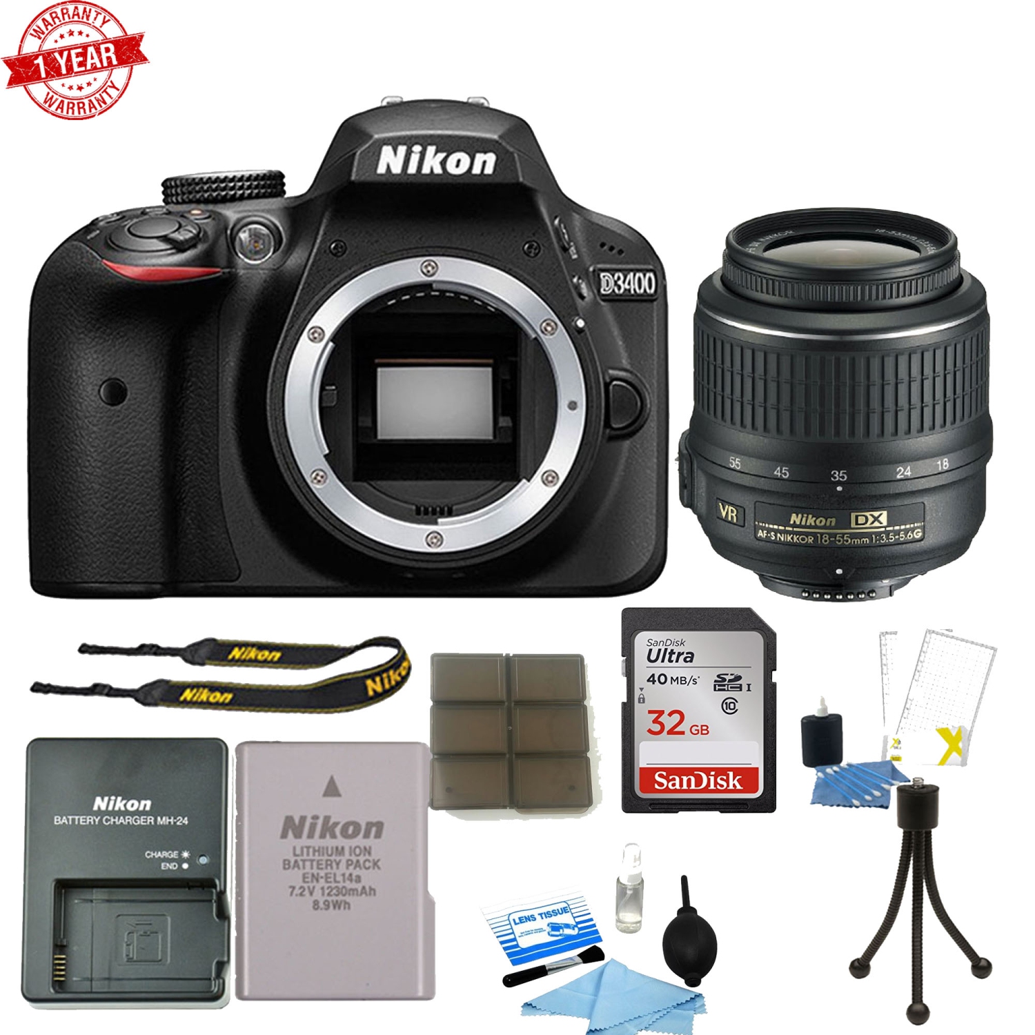 Nikon D3400 24MP Digital SLR Camera with 18-55mm VR Lens & Great Value Kit - US Version w/ Seller Warranty