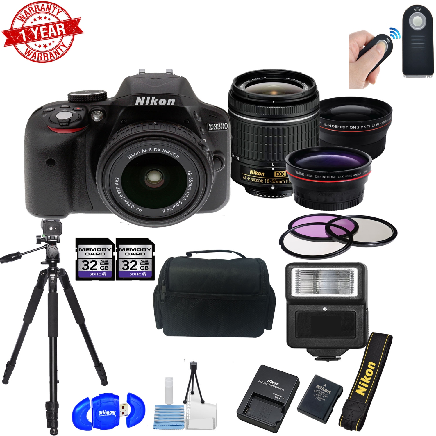 Nikon D3300 24.2 MP DSLR Camera W/ 18-55mm VR Lens Kit Accessory Bundle 2x 32GB Memory Camera Bag Wide Angle Lens 2x T - US Version w/ Seller Warranty