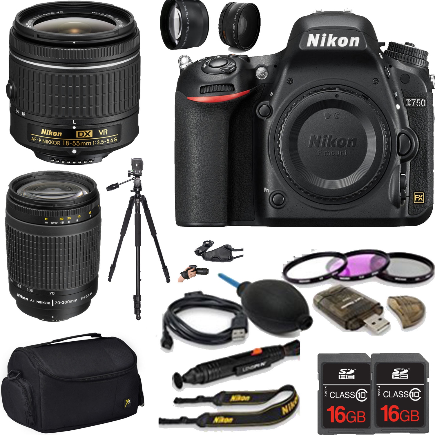 Nikon D750 DSLR Camera with Nikon 18-55mm f/3.5-5.6G VR Lens |Nikon 70-300mm f/4-5.6 Macro Autofocus Lens |Mega Bundle - US Version w/ Seller Warranty