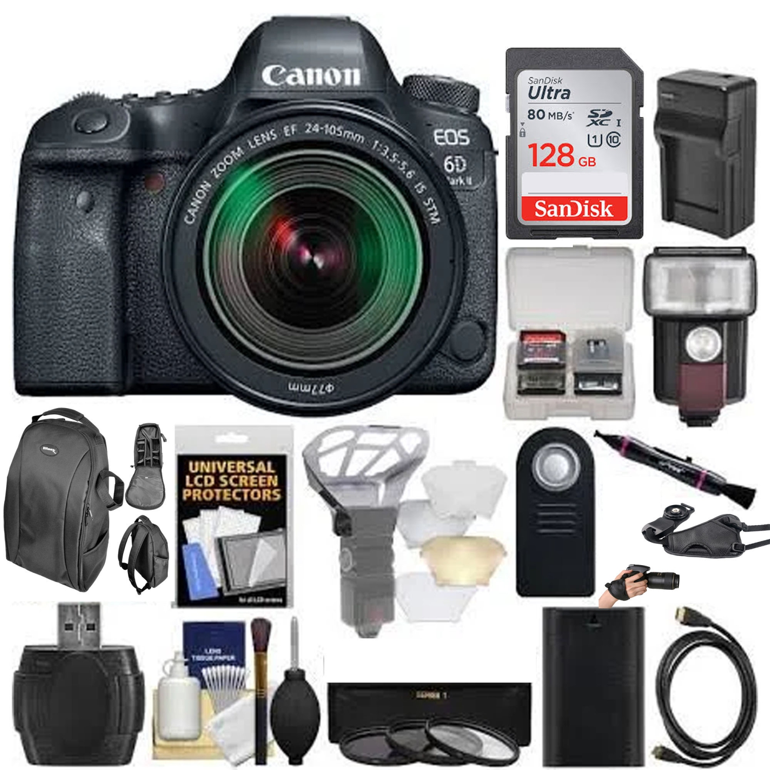 Canon EOS 6D Mark II Wi-Fi Digital & EF 24-105mm IS STM Lens with 128GB Card + Backpack + Flash + Diffuser + Battery & Charger - US Version w/ Seller Warranty