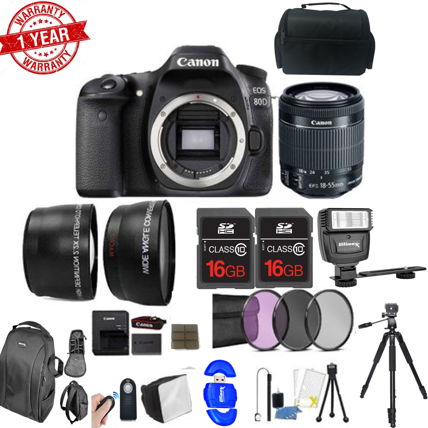 Canon EOS 80D 24.2MP Digital SLR Camera with 18-55mm Lens , Bounce Zoom Flash and 24GB Accessory Bundle - US Version w/ Seller Warranty