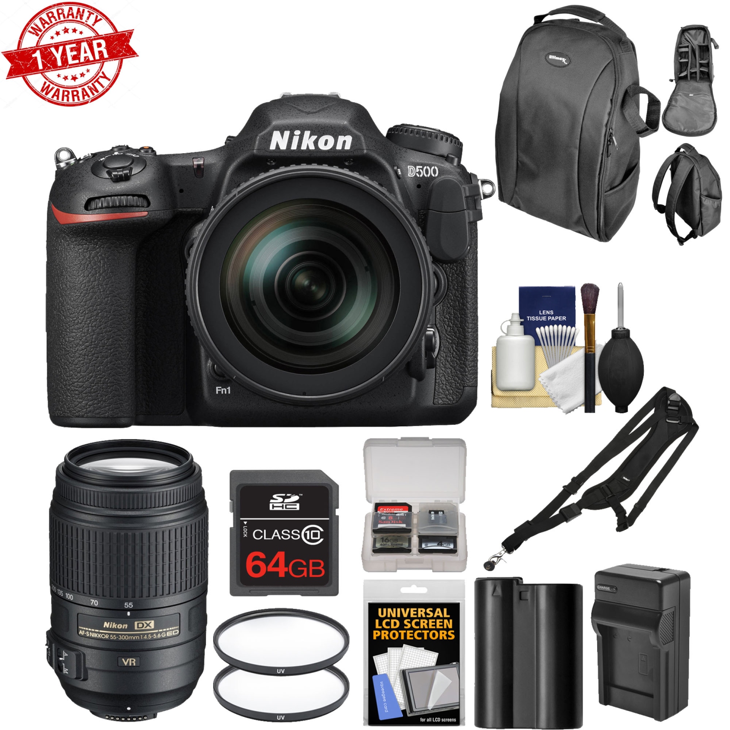 Nikon D500 Wi-Fi 4K Digital SLR Camera & 16-80mm VR Lens w/ 55-300mm VR Lens + 64GB Card + Backpack + Battery & Charger + Filt - US Version w/ Seller