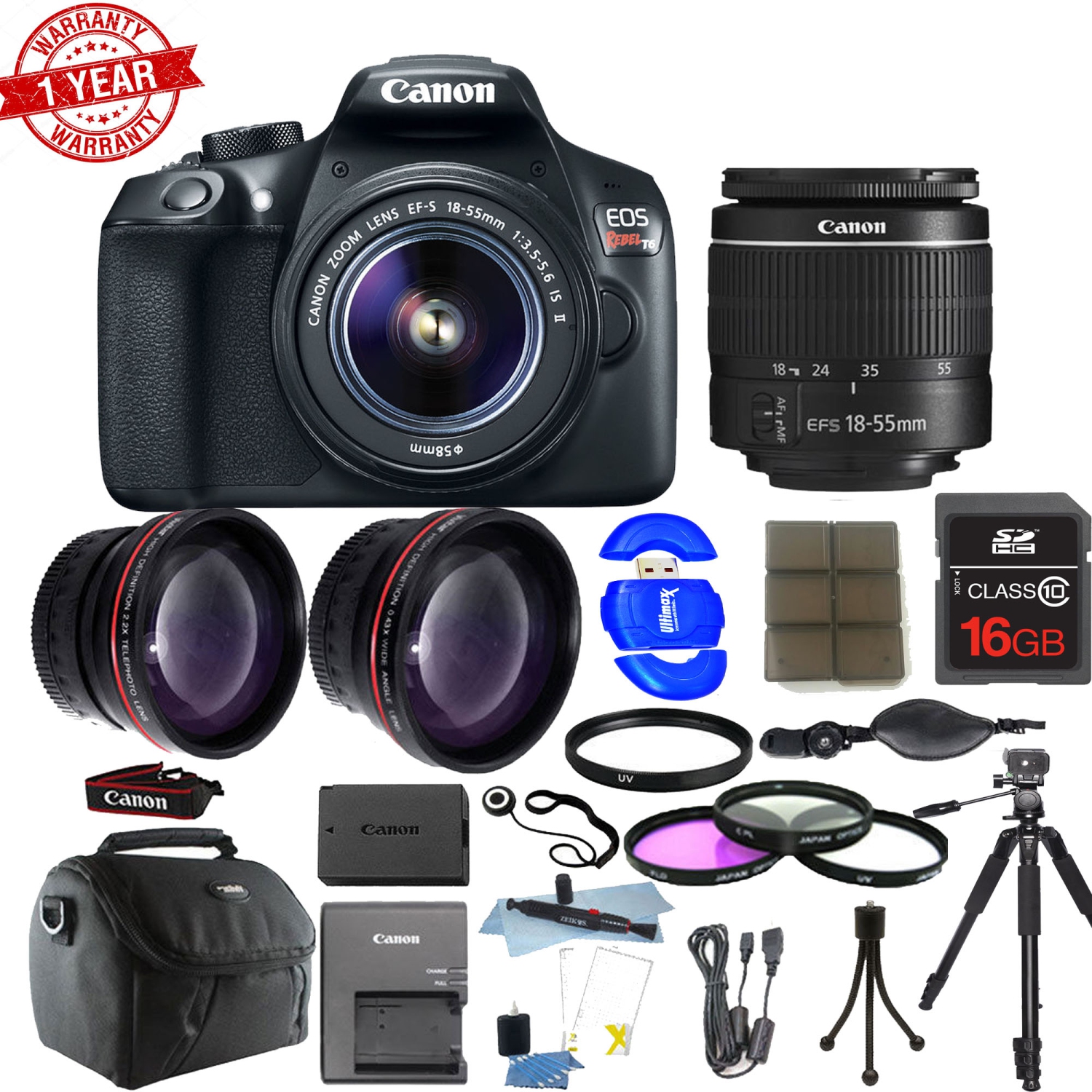 Canon EOS Rebel 1300D / T6 18MP DSLR Camera with 18-55mm Lens & 16GB Accessory Kit - US Version w/ Seller Warranty