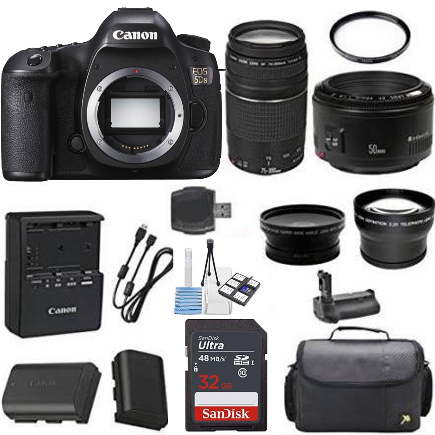 Canon EOS 5DS Digital SLR Bundle with Canon 50mm f/1.8 II Lens | Canon 75-300mm III Lens + Deluxe Camera Case + U.V. Filter - US Version w/ Seller Warranty
