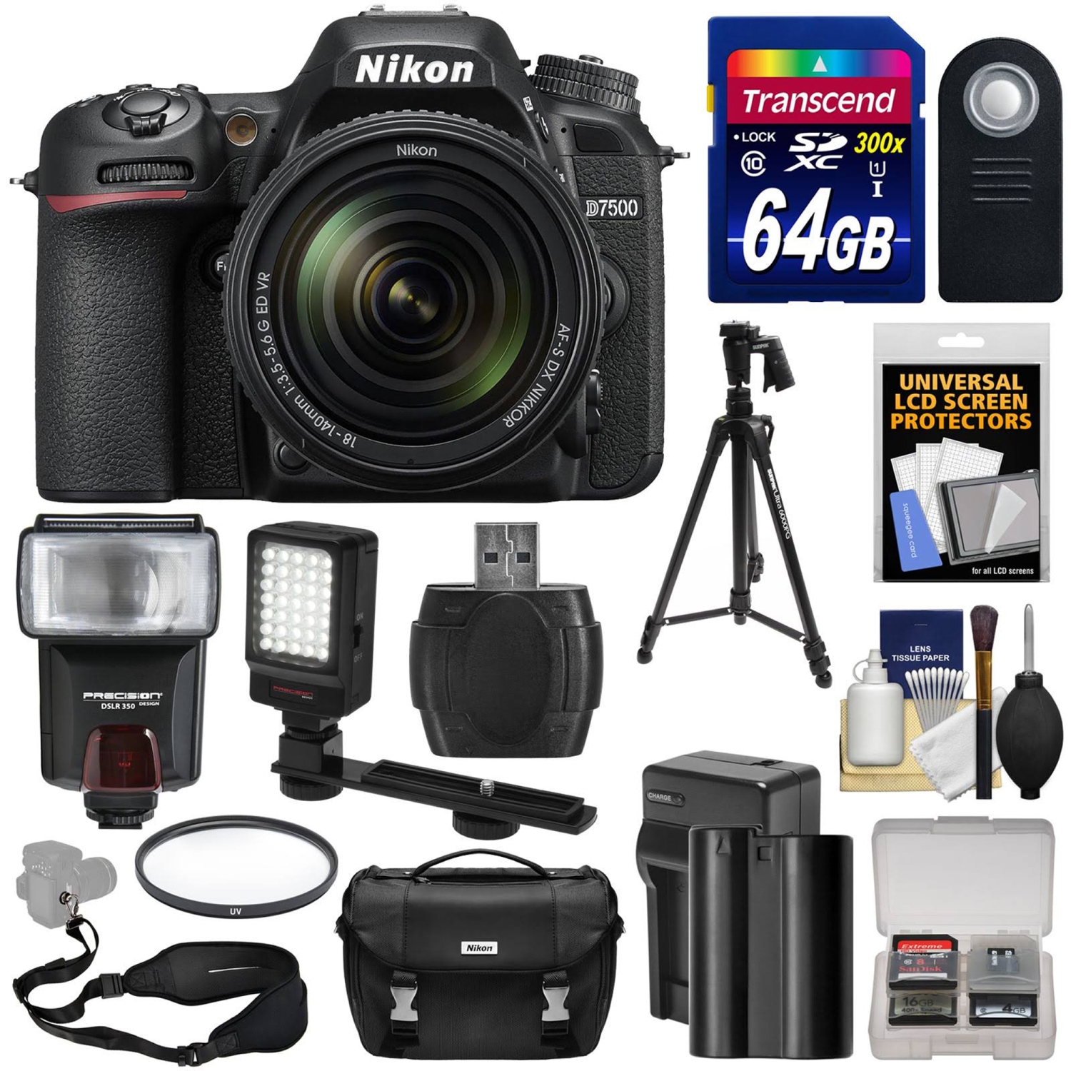 Nikon D7500 4K Digital SLR Camera & 18-140mm VR Lens with 64GB Card, Battery & Charger, Case, Tripod, Flash, LED Video Light K - US Version w/ Seller Warranty