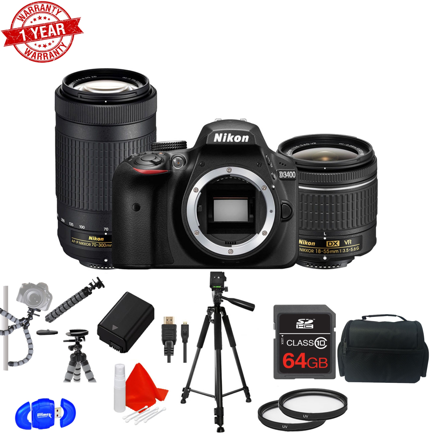 Nikon D3400 24.2MP DX DSLR Camera w/ AF-P 18-55mm VR & 70-300mm Dual Lens 64GB Bundle - US Version w/ Seller Warranty