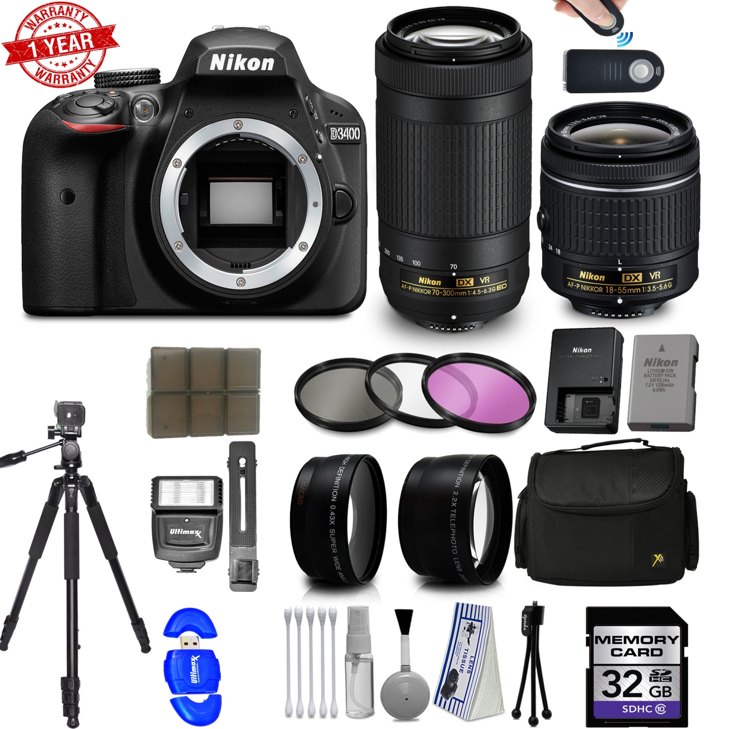 Nikon D3400 Dslr Camera with VR 18-55mm and 70-300mm AF-P Nikkor Lenses + 32GB 15pc Accessory Bundle Kit - US Version w/ Seller Warranty