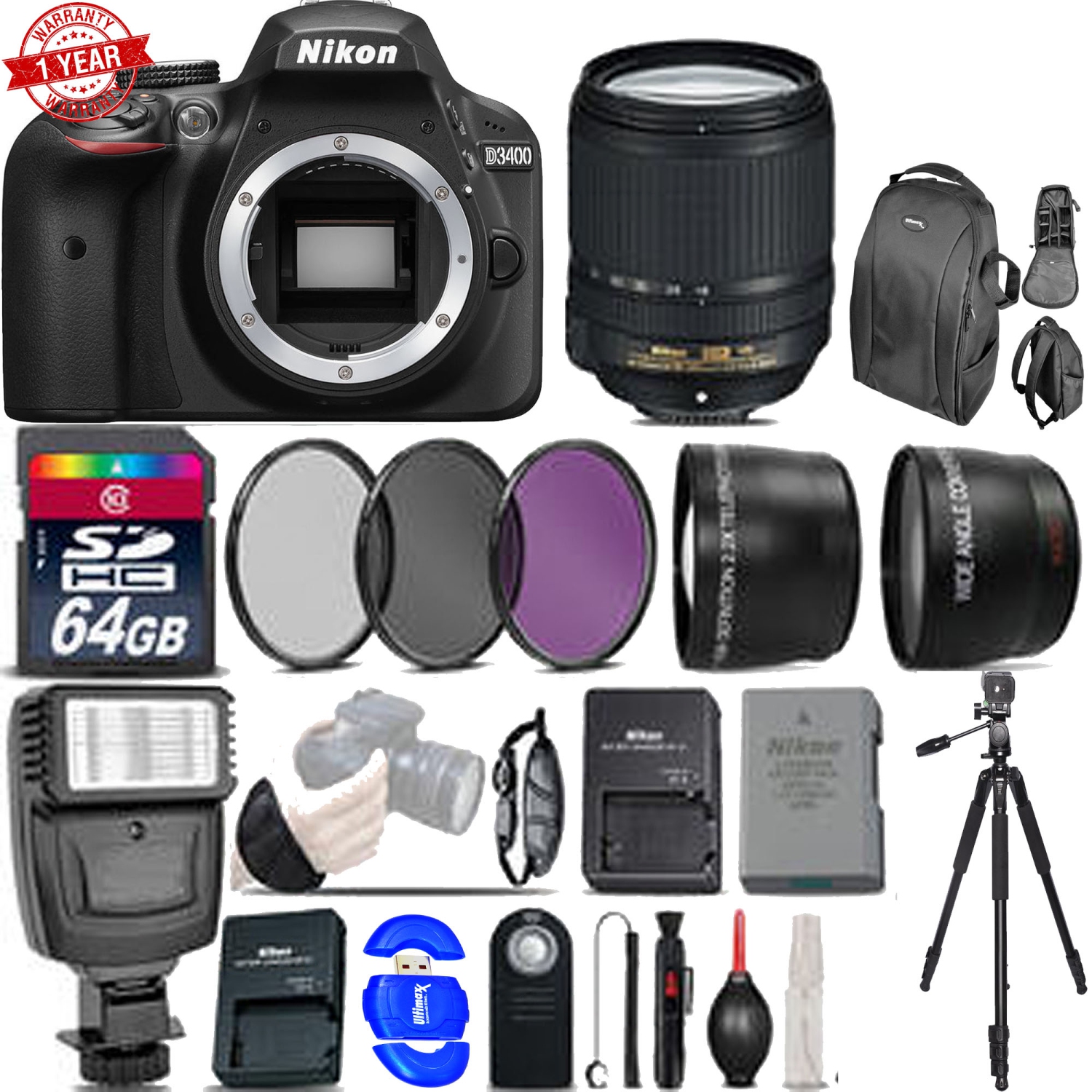 Nikon D3400 DSLR 24.2MP Camera W/ 18-140mm VR Lens | 64GB MC| Backpack| Filters| And More Bundle - US Version w/ Seller Warranty