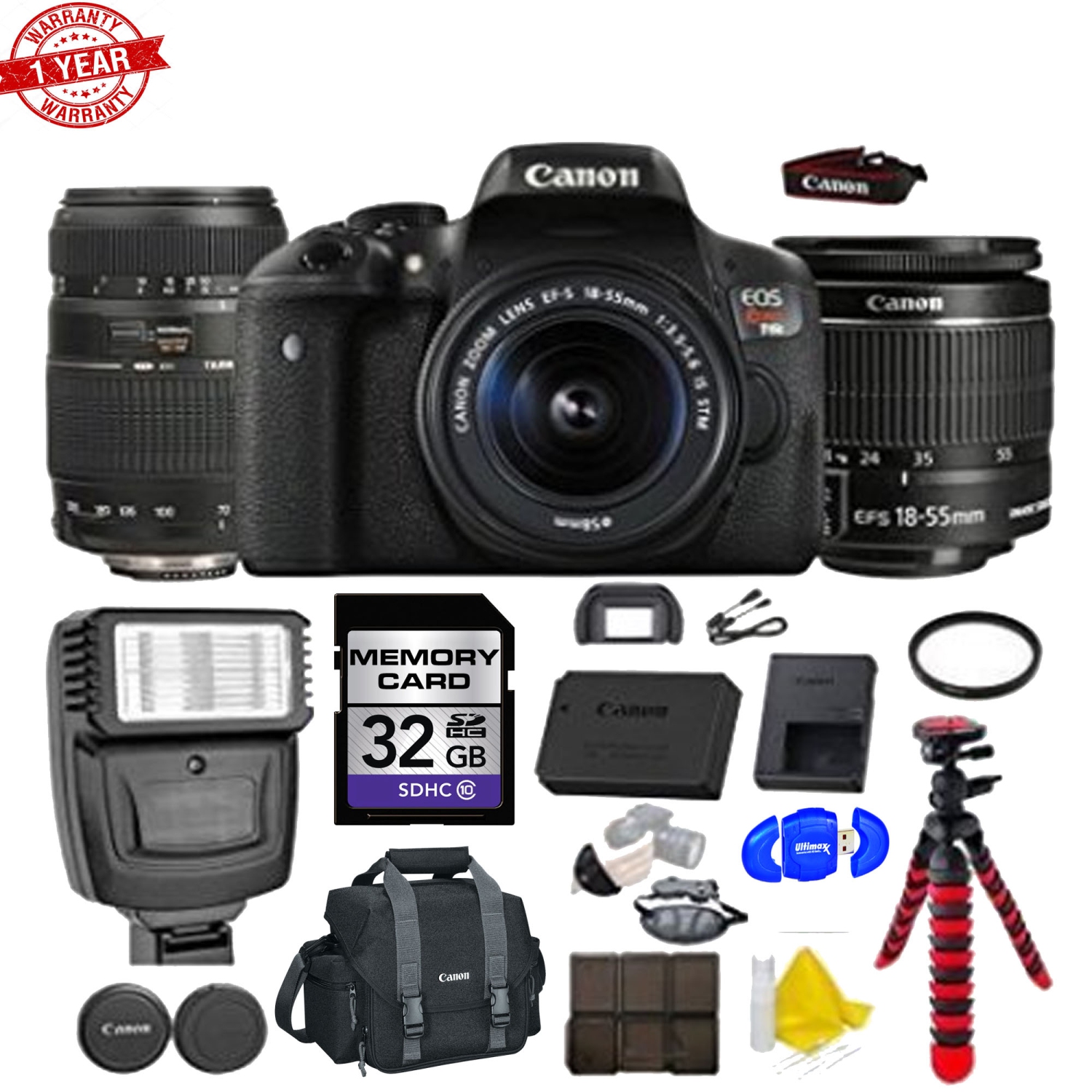 Canon EOS Rebel T6i/T7i 24.2 MP Digital SLR Camera with Canon EF-S 18-55mm IS II Lens Tamron AF 70-300mm F/4-5.6 Di LD Macro - US Version w/ Seller