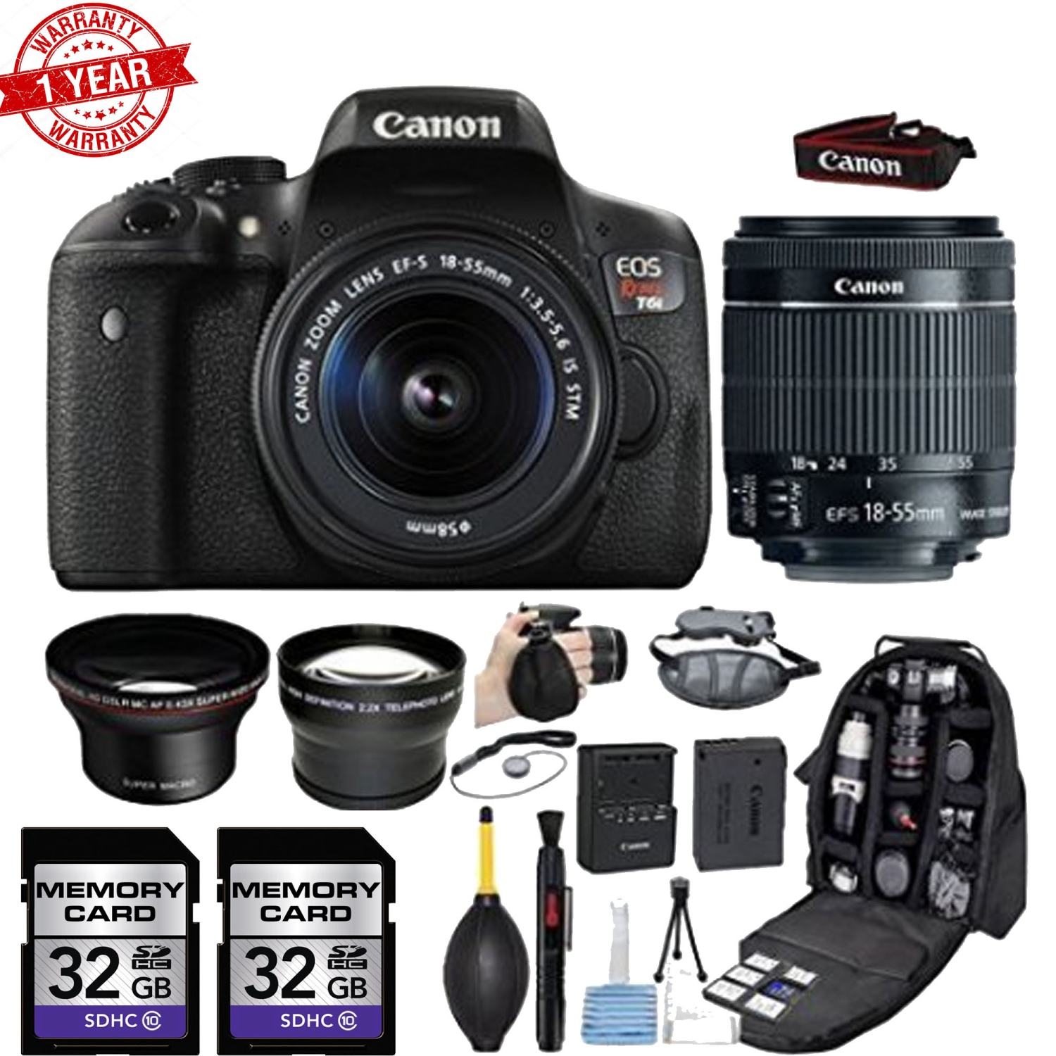 Canon EOS Rebel T6i/T7i DSLR Camera w/18-55mm IS STM Lens|Wide Angle Lens&2.2x Telephoto Lens|32GB MCs|Backpack|Grip Strap|Su - US Version w/ Seller