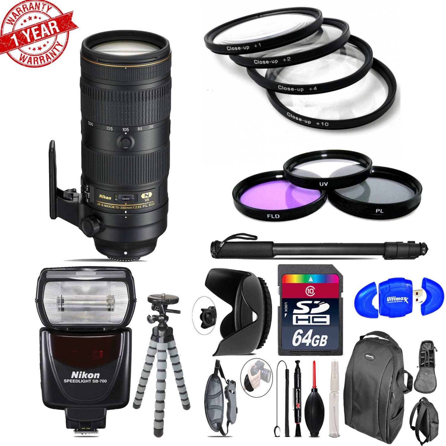 Nikon AF-S 70-200mm f/2.8E + Nikon SB-700 AF Speedlight & More - 64GB Kit - US Version w/ Seller Warranty