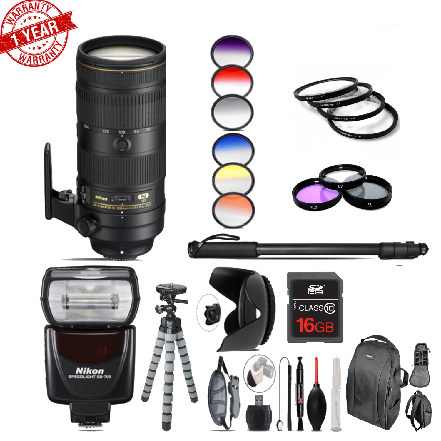 Nikon AF-S 70-200mm f/2.8E | Nikon SB-700 AF Speedlight - 16GB Accessory Kit - US Version w/ Seller Warranty