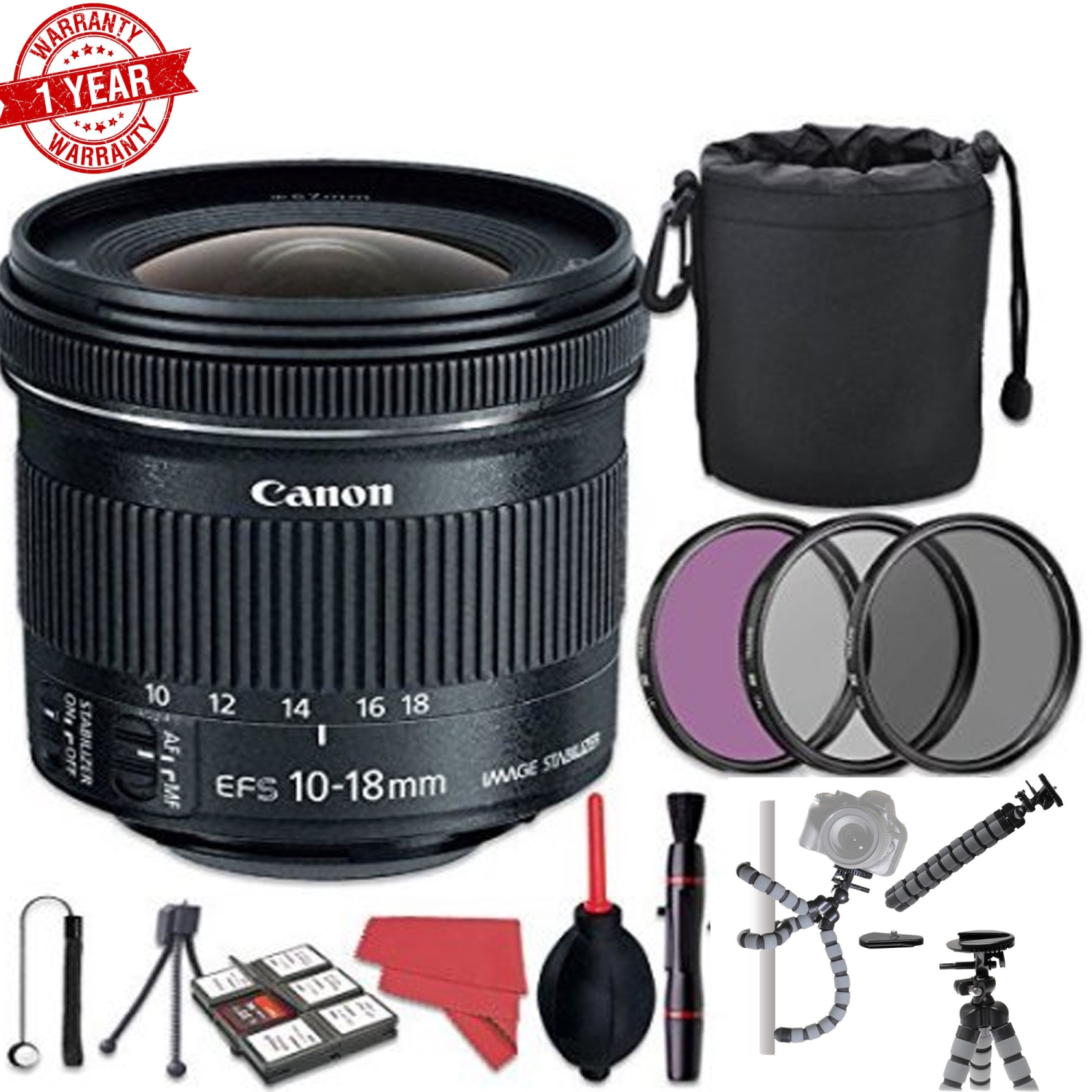 Canon EF-S 18-55mm f/3.5-5.6 IS STM Lens w Filter kit | Cap Keeper | Cleaning kit | MC Wallet | Lens Pouch | Flexible Tripod B - US Version w/ Seller Warranty