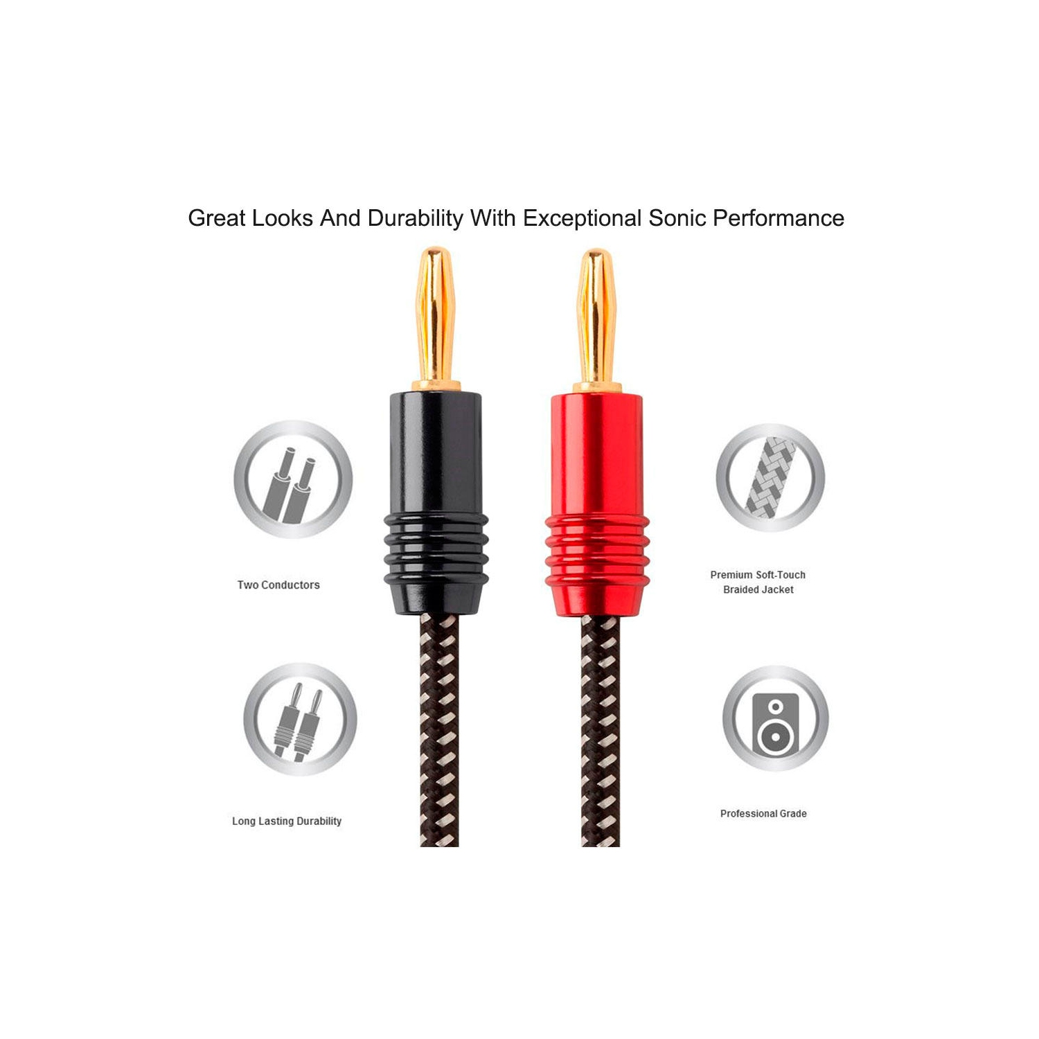 6ft Premium 14AWG Braided Speaker Wire with Gold Plated Banana Plug Connectors - PrimeCables®