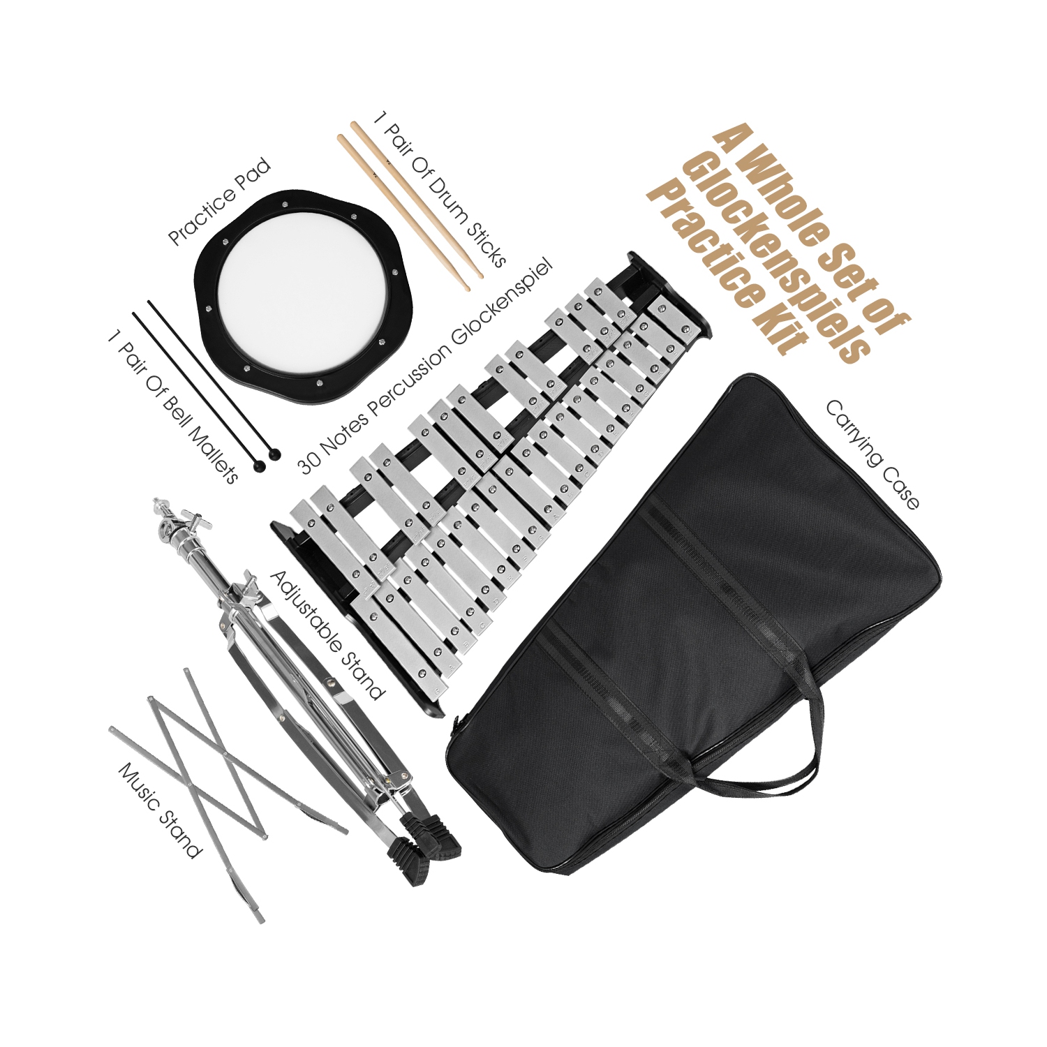 Costway 30 Notes Percussion Glockenspiel Bell Kit with Practice Pad Mallets Sticks Stand