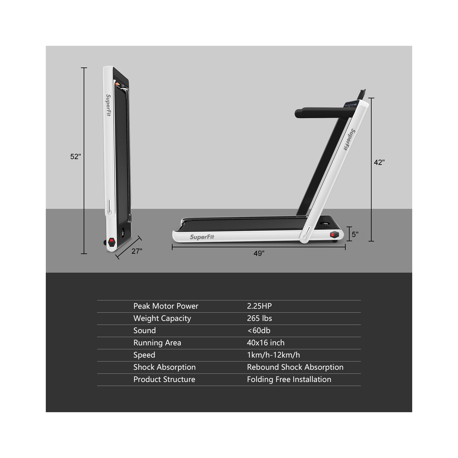 Tapis de course pliable 2 en 1SuperFit – Moteur 2,25 CV – Double écran – Haut-parleur