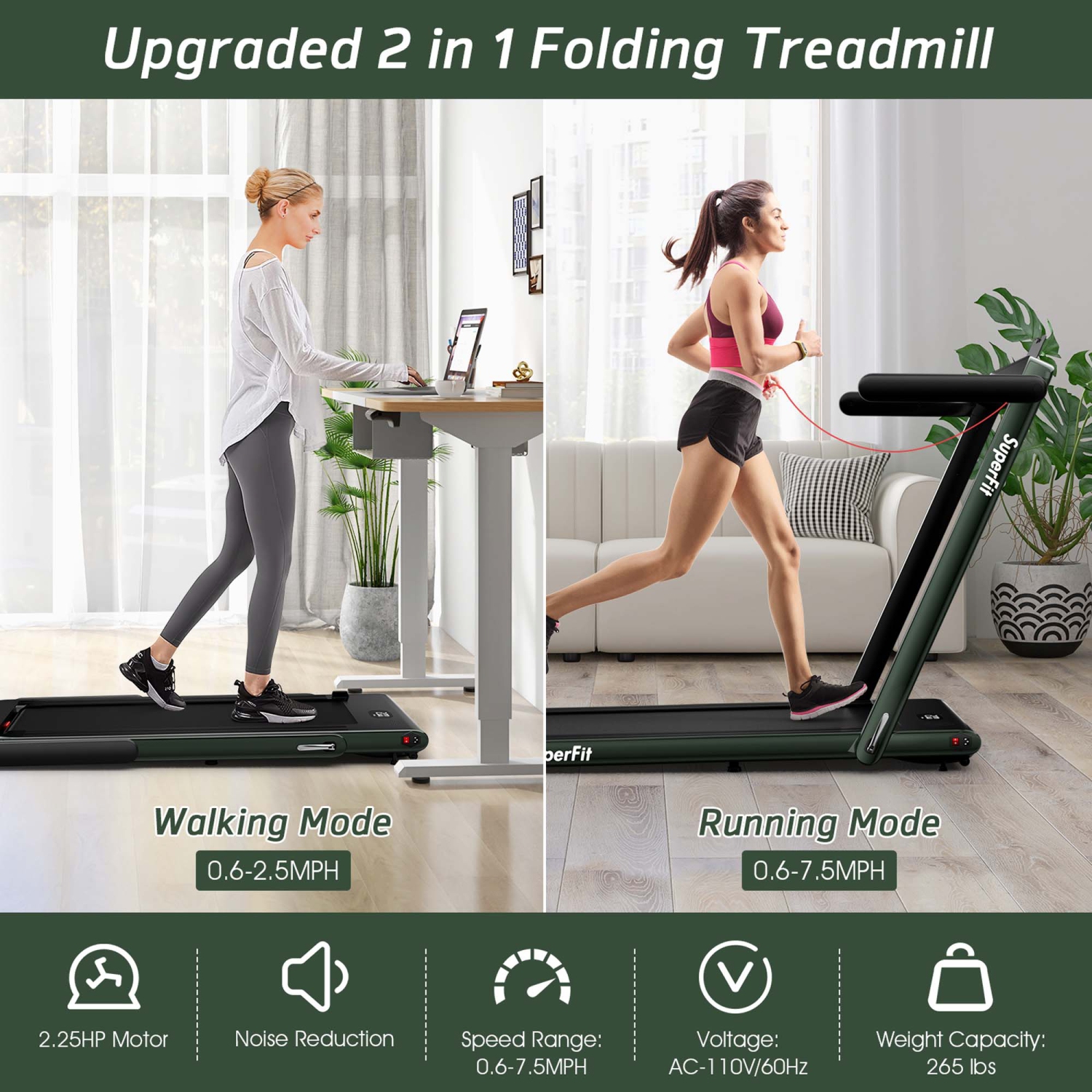 Tapis de course pliable 2 en 1SuperFit – Moteur 2,25 CV – Double écran – Haut-parleur